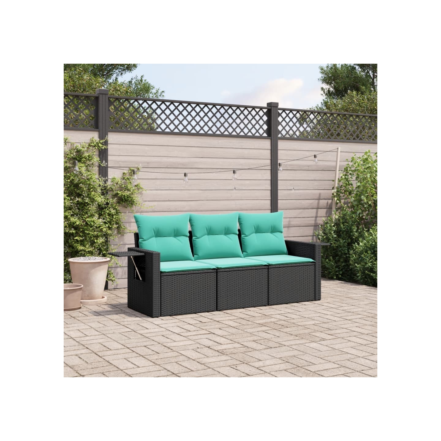 Salon de jardin 3 pcs avec coussins noir résine tressée