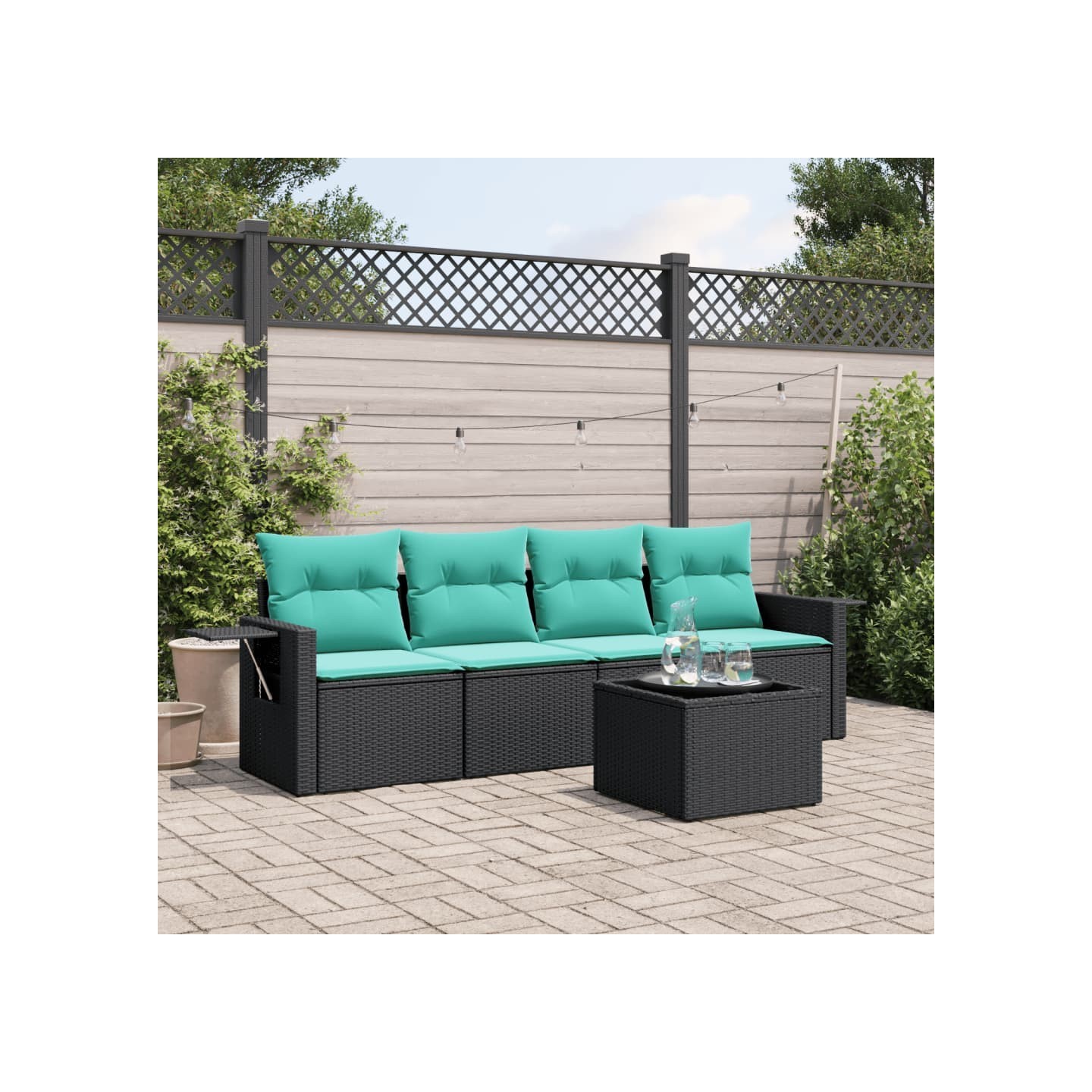 Ensemble de canapé de jardin 5 pcs avec coussins noir résine tressée