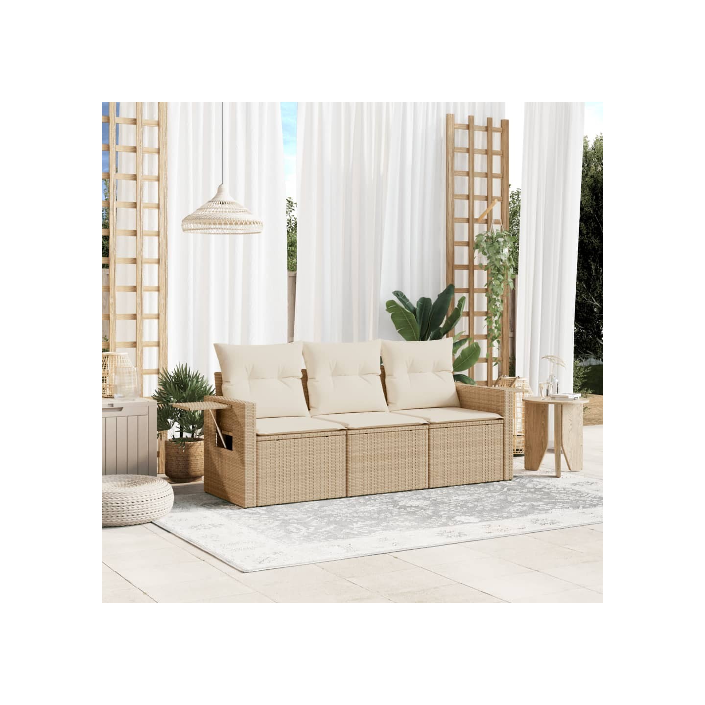 Salon de jardin avec coussins 3 pcs beige résine tressée