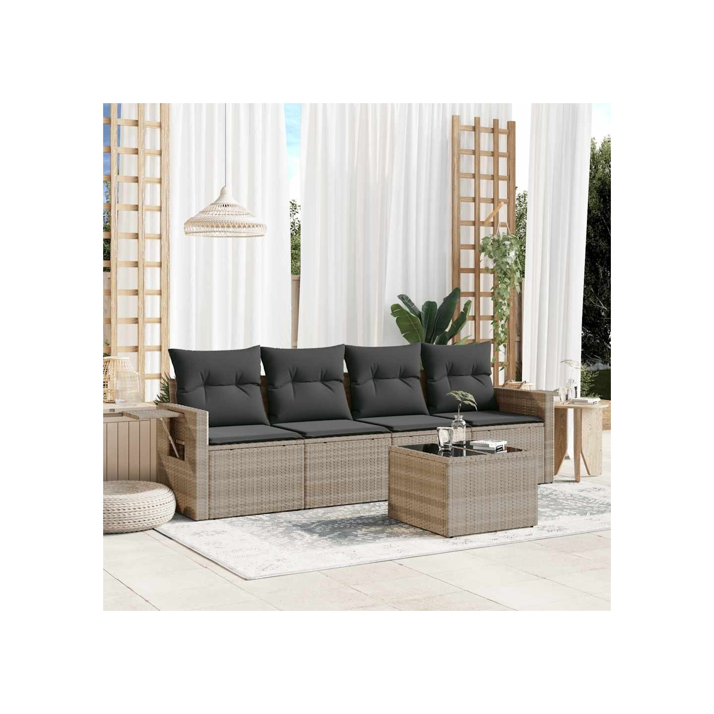 Salon de jardin 5 pcs avec coussins gris clair résine tressée