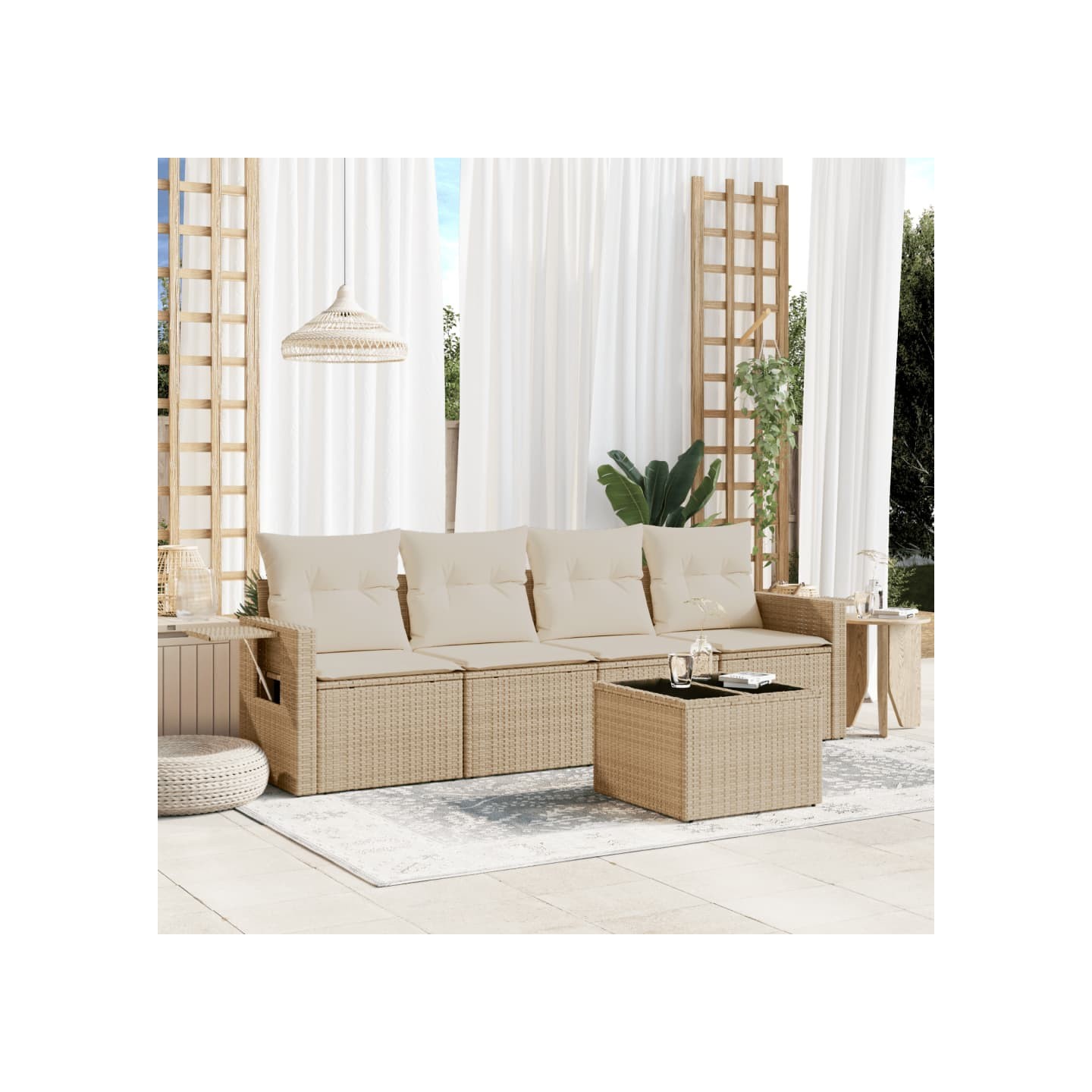Salon de jardin avec coussins 5 pcs beige résine tressée