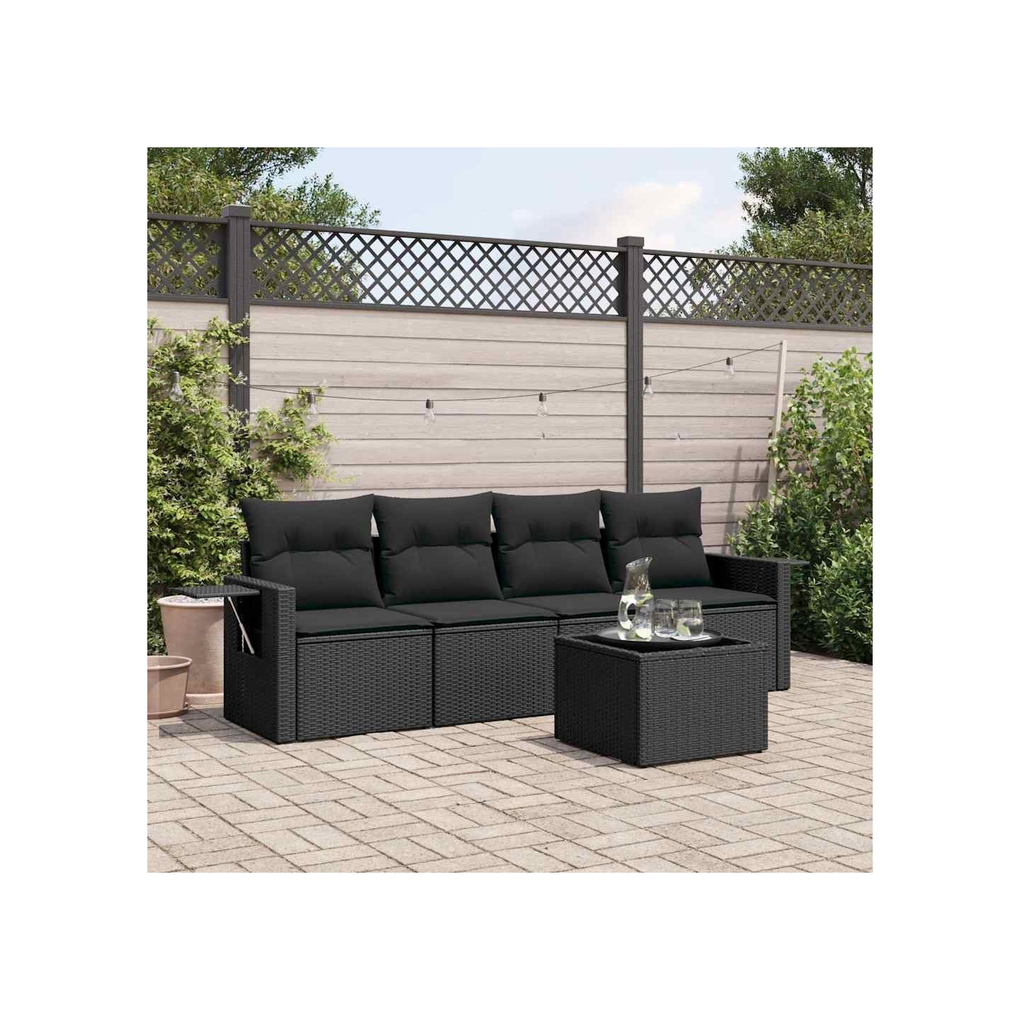 Salon de jardin 5 pcs avec coussins noir résine tressée