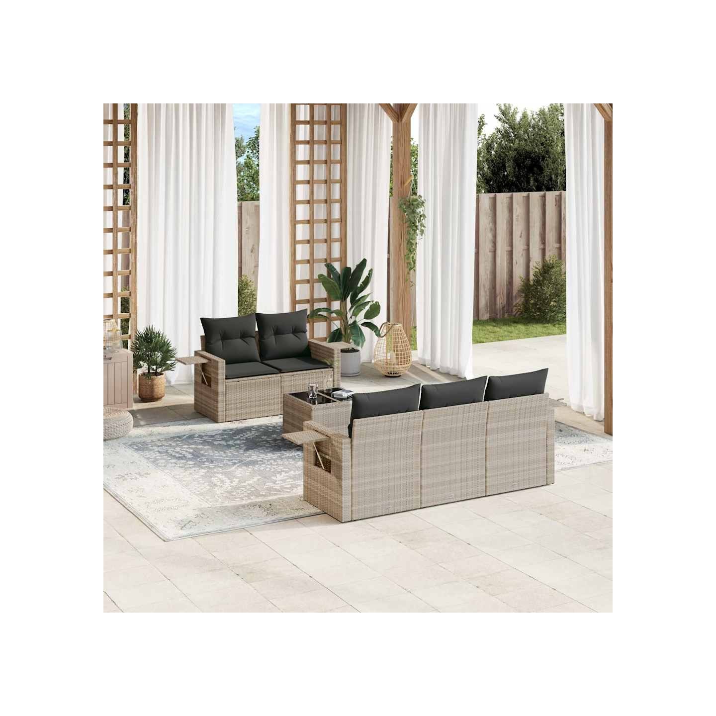 Salon de jardin 6 pcs avec coussins gris clair résine tressée