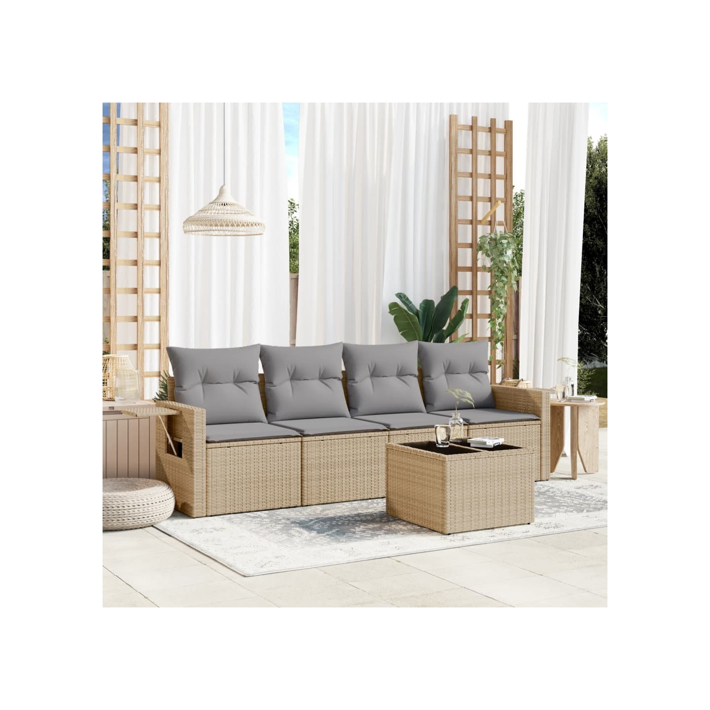 Salon de jardin avec coussins 5 pcs beige résine tressée