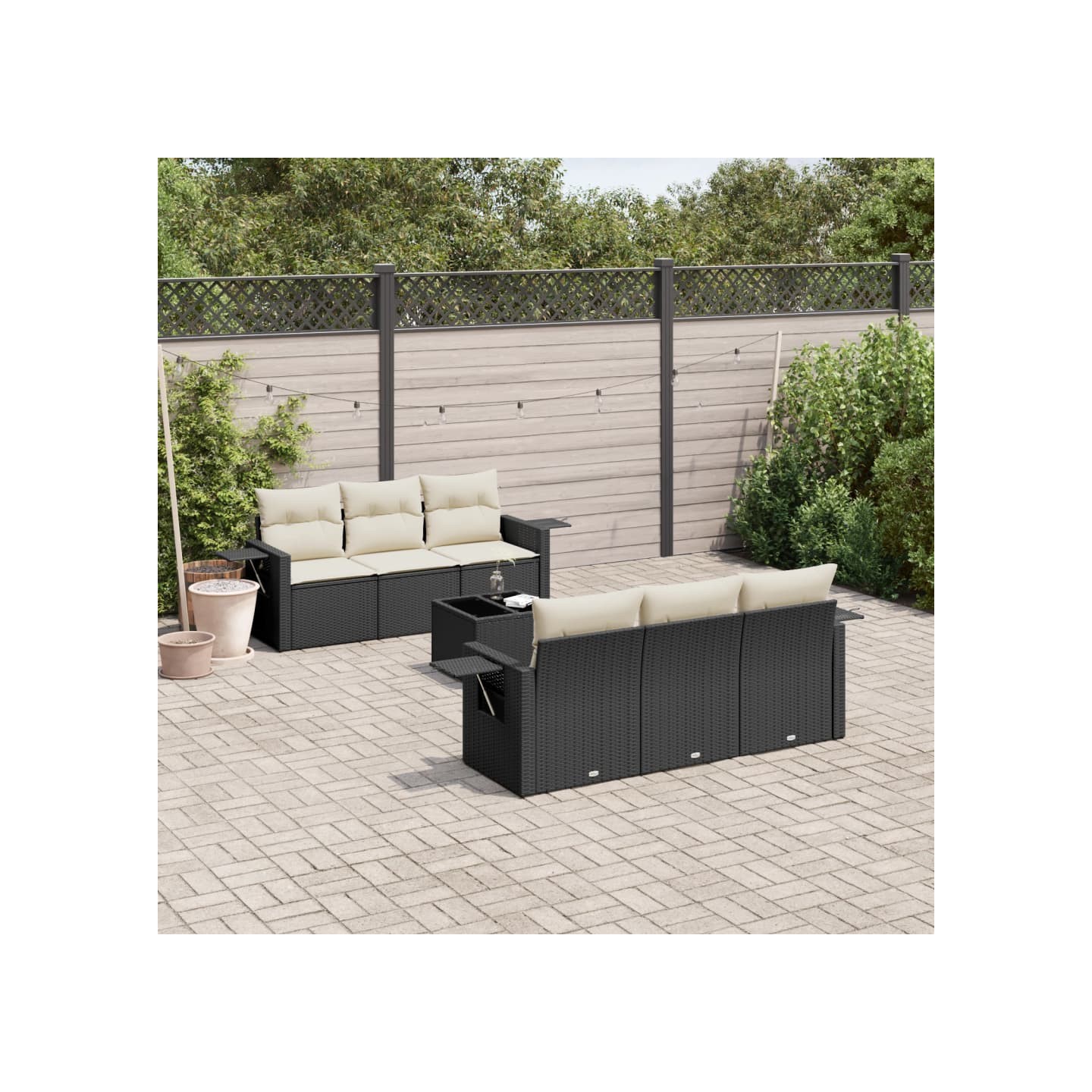 Salon de jardin 7 pcs avec coussins noir résine tressée