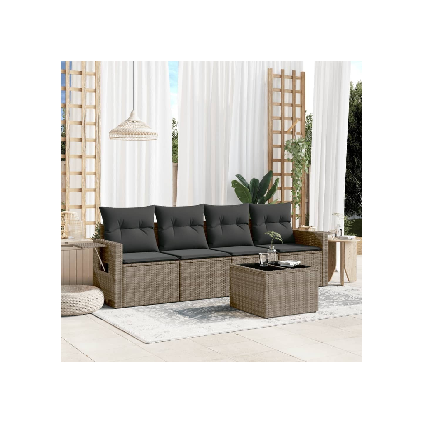 Salon de jardin 5 pcs avec coussins gris résine tressée