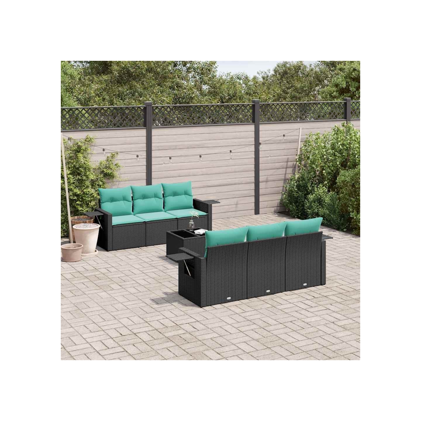 Ensemble de canapé de jardin 7 pcs avec coussins noir résine tressée