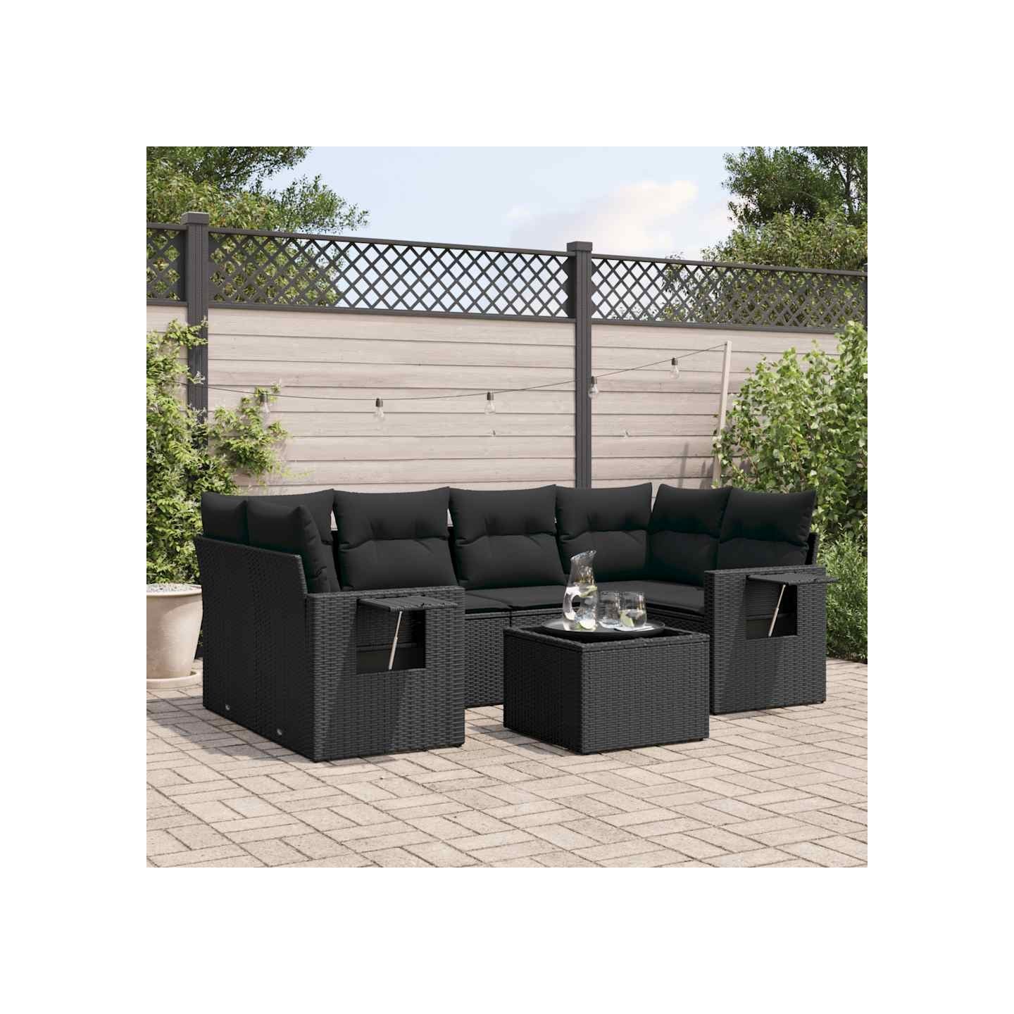Salon de jardin 7 pcs avec coussins noir résine tressée