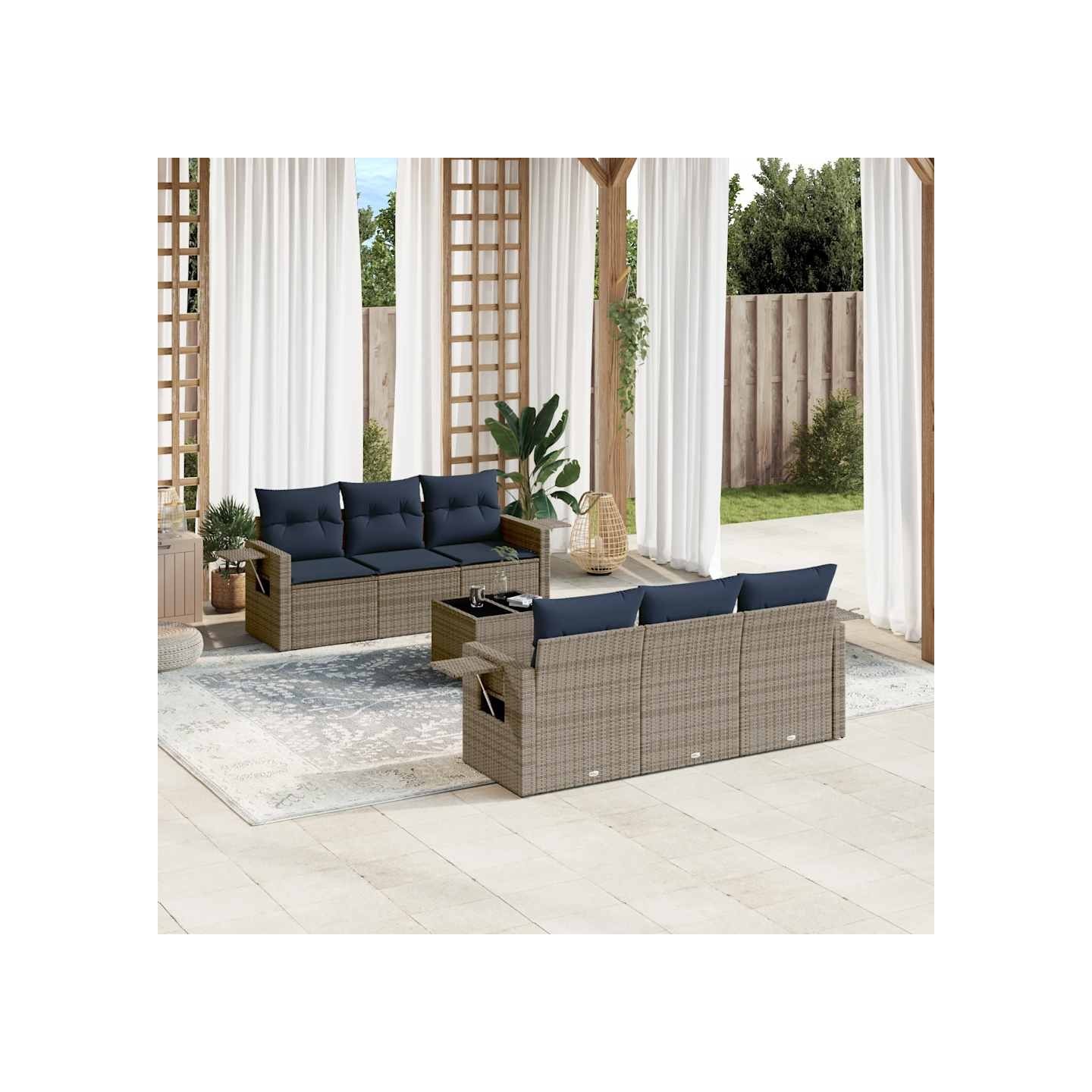 Ensemble de canapé de jardin 7 pcs avec coussins gris résine tressée
