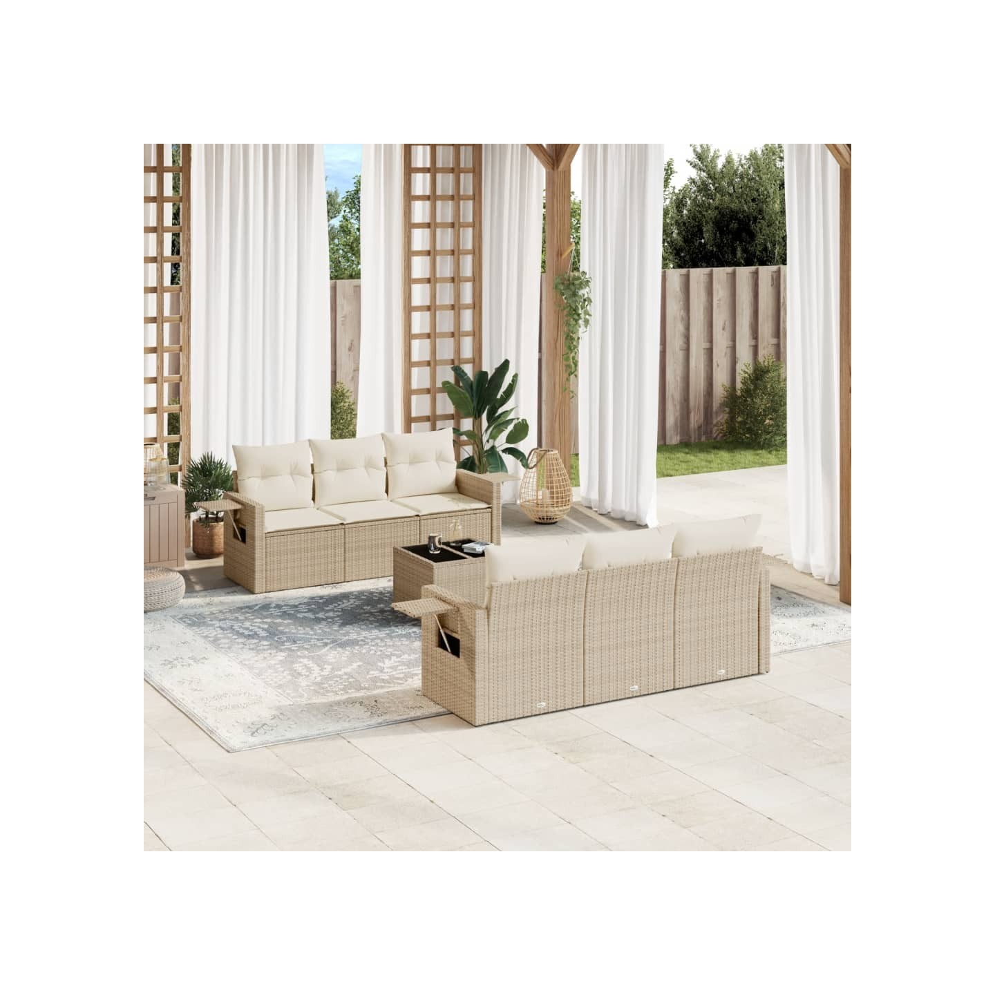 Salon de jardin avec coussins 7 pcs beige résine tressée