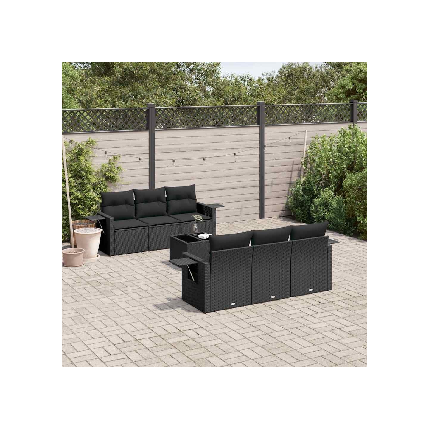 Salon de jardin 7 pcs avec coussins noir résine tressée