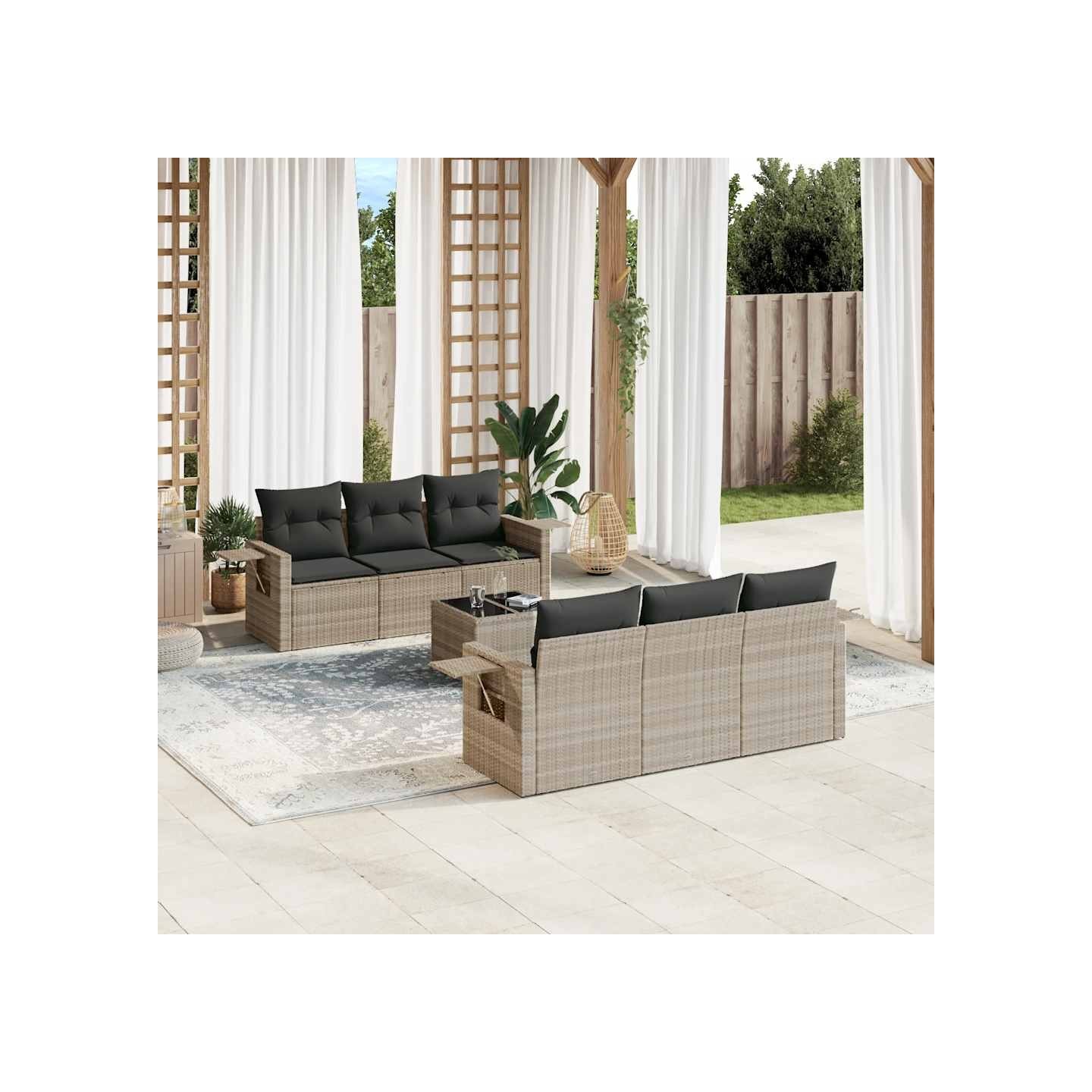 Salon de jardin avec coussins 7 pcs gris clair résine tressée