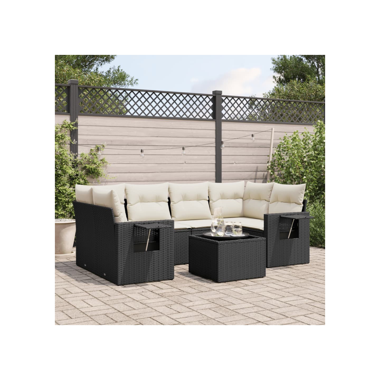 Salon de jardin 7 pcs avec coussins noir résine tressée
