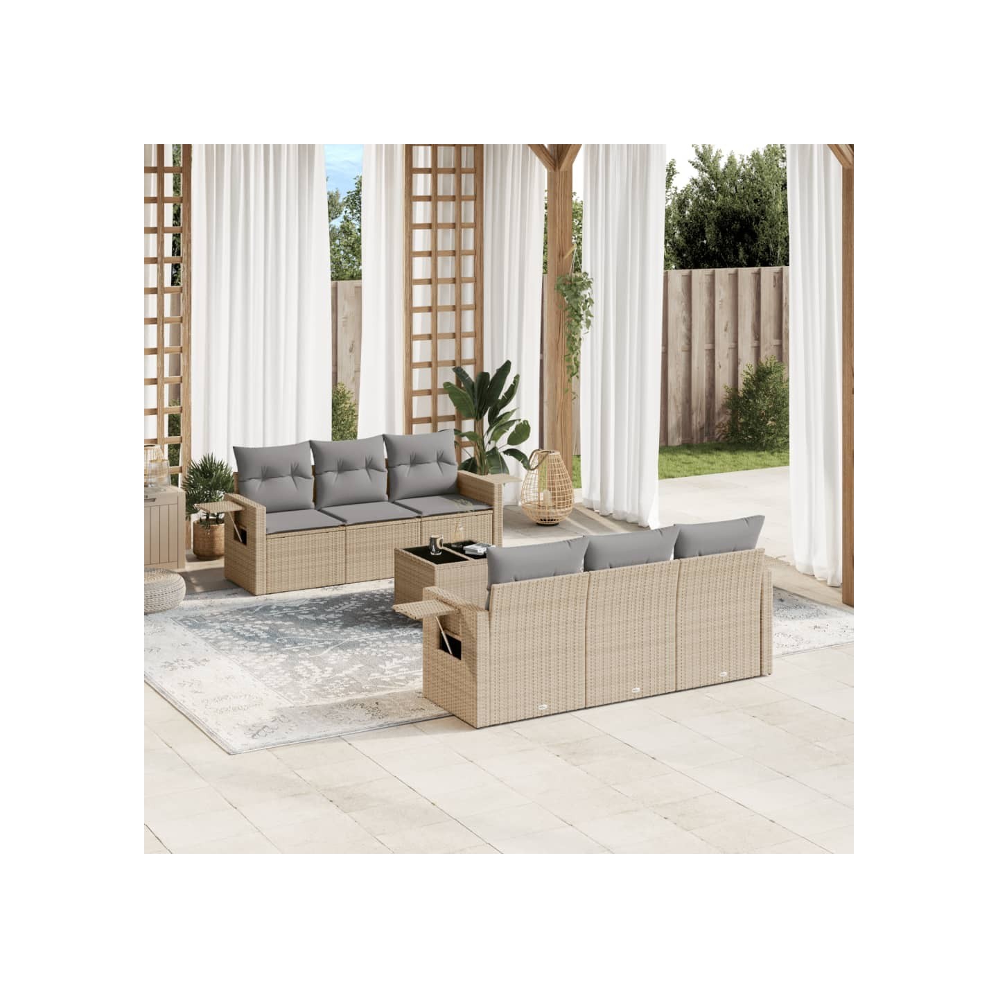 Salon de jardin avec coussins 7 pcs beige résine tressée