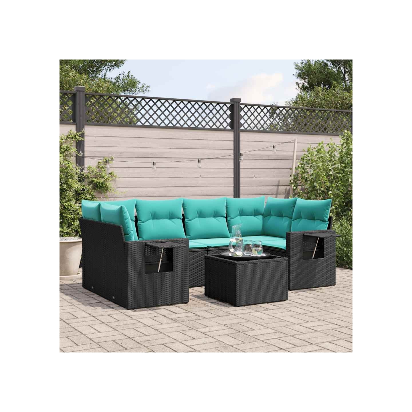Ensemble de canapé de jardin 7 pcs avec coussins noir résine tressée