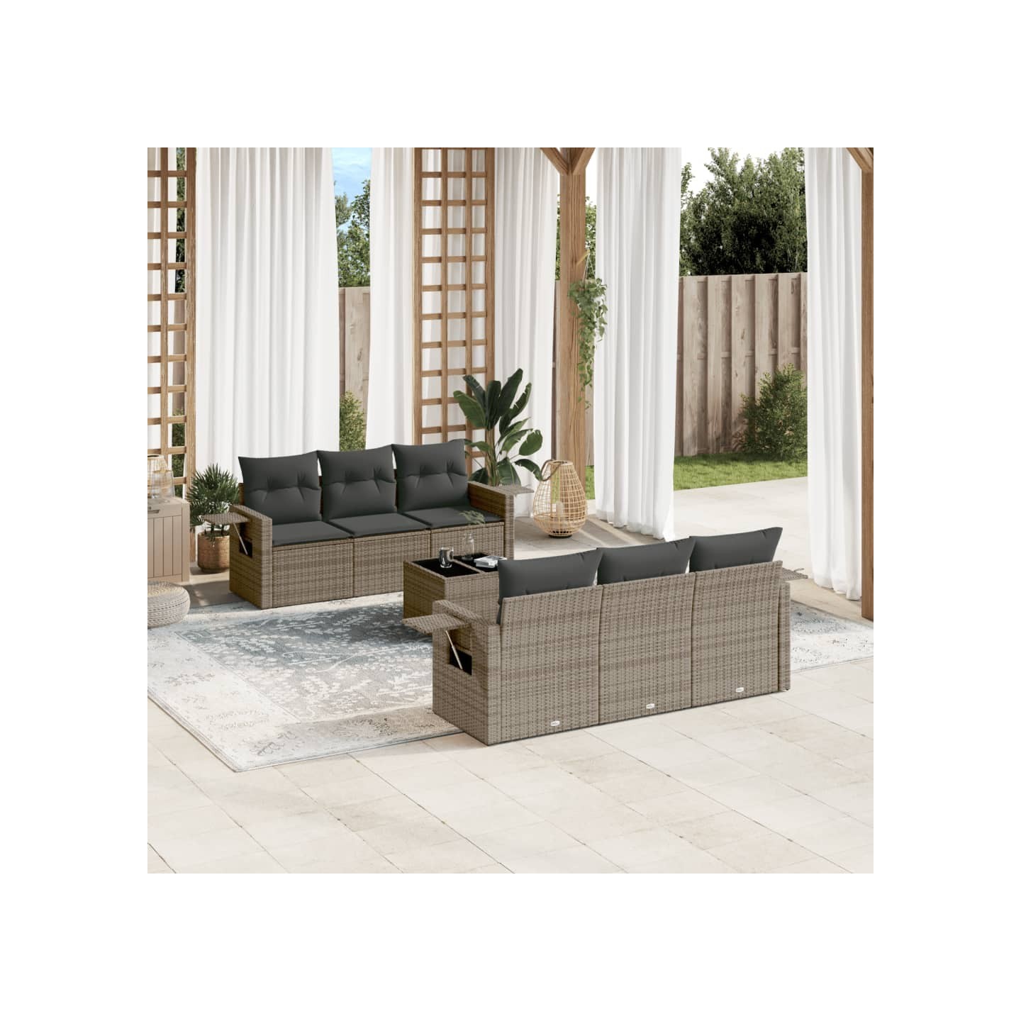 Salon de jardin avec coussins 7 pcs gris résine tressée