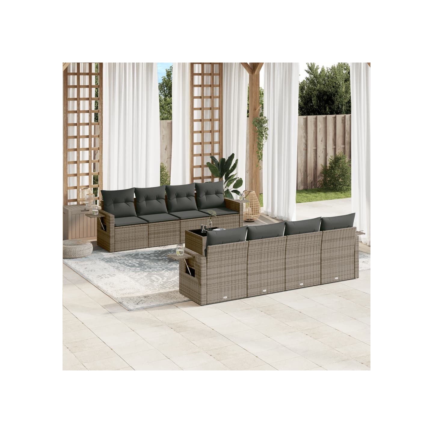 Salon de jardin 9 pcs avec coussins gris résine tressée