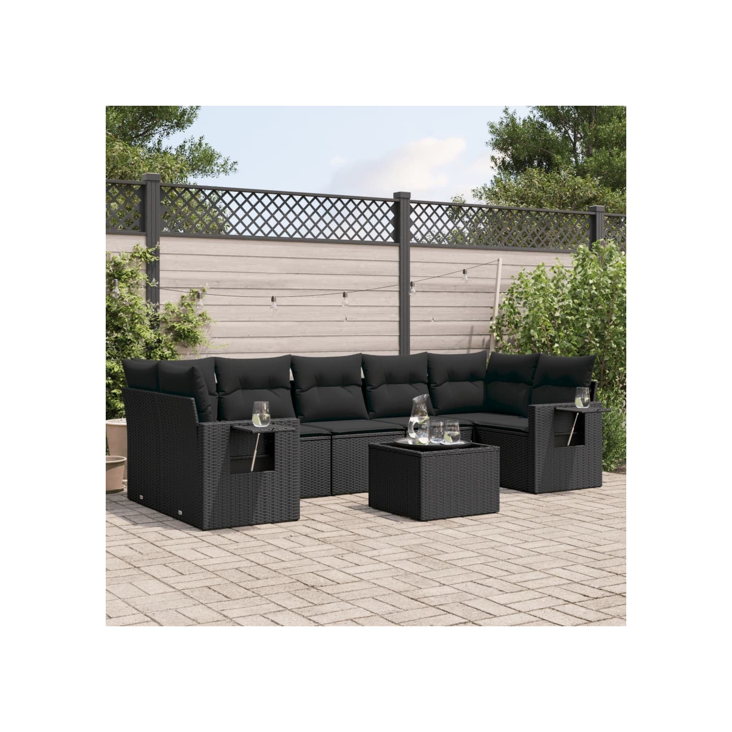 Salon de jardin 8 pcs avec coussins noir résine tressée