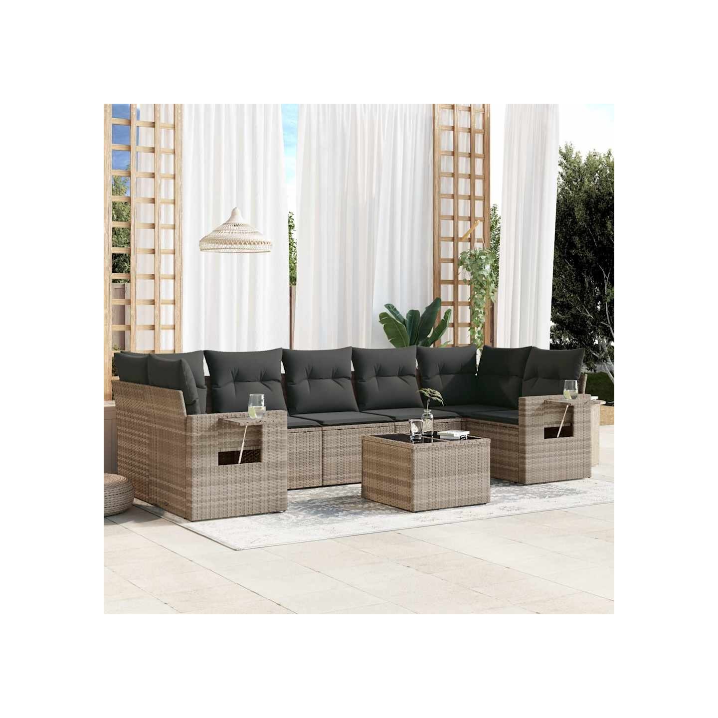 Salon de jardin 8 pcs avec coussins gris clair résine tressée