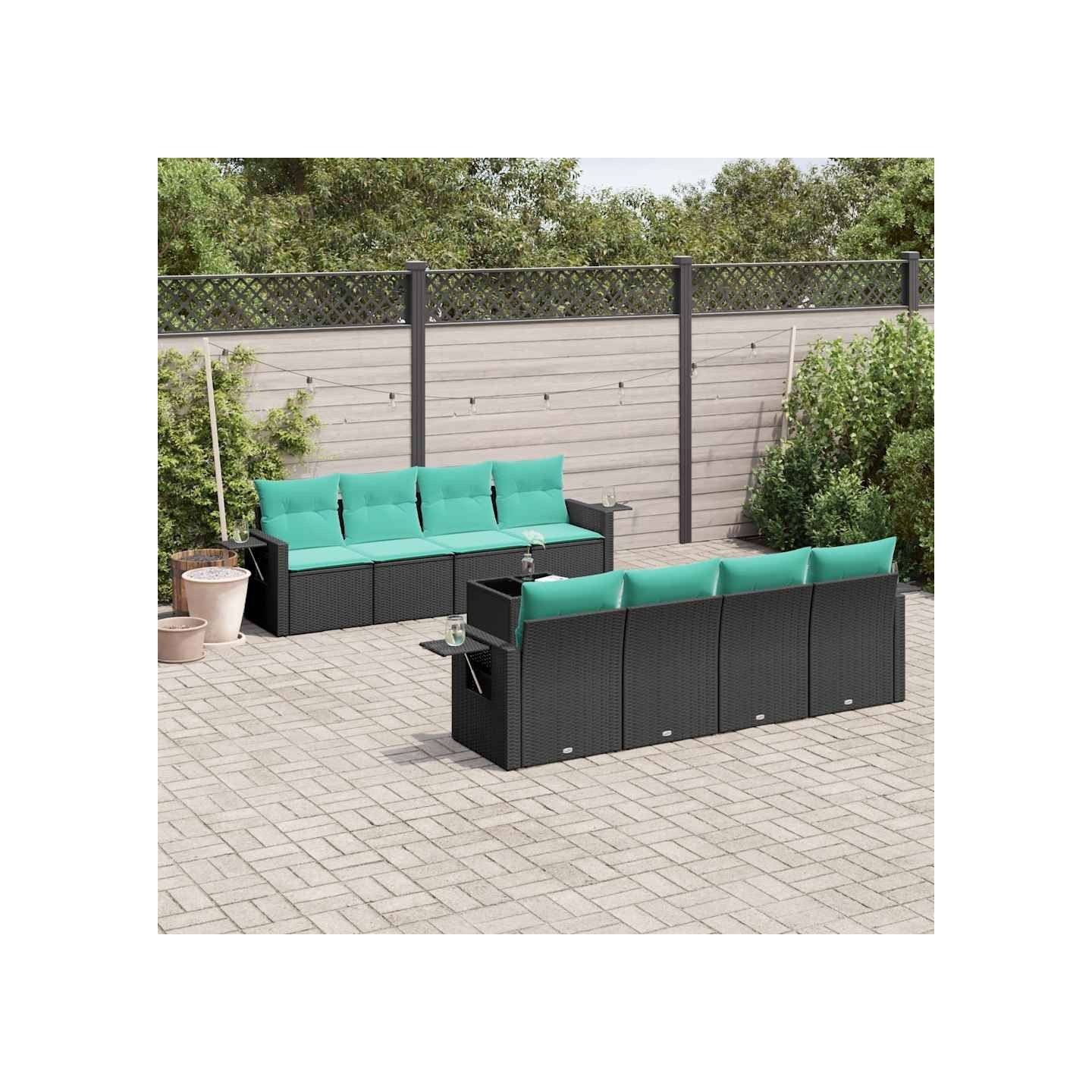 Ensemble de canapé de jardin 9 pcs avec coussins noir résine tressée