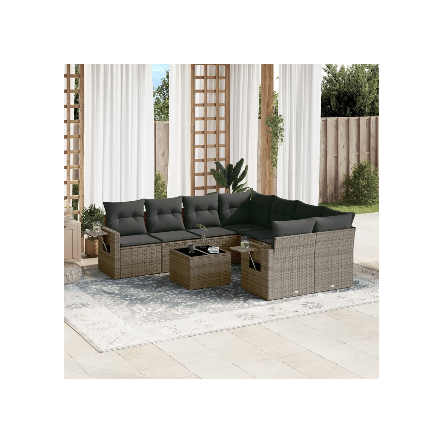 Salon de jardin 9 pcs avec coussins gris résine tressée