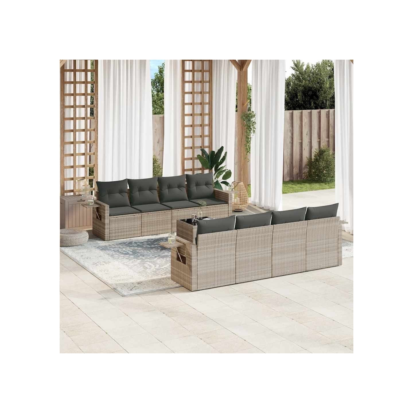 Salon de jardin 9 pcs avec coussins gris clair résine tressée