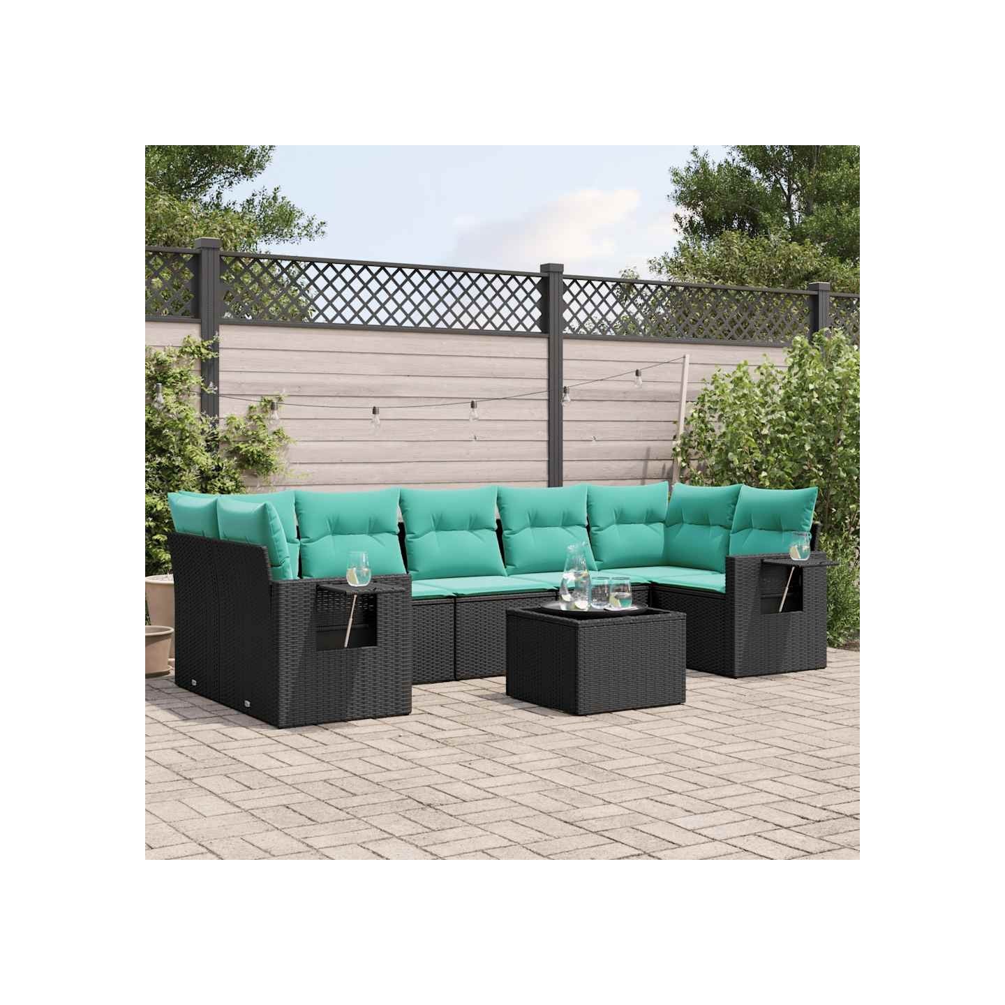 Ensemble de canapé de jardin 8 pcs avec coussins noir résine tressée