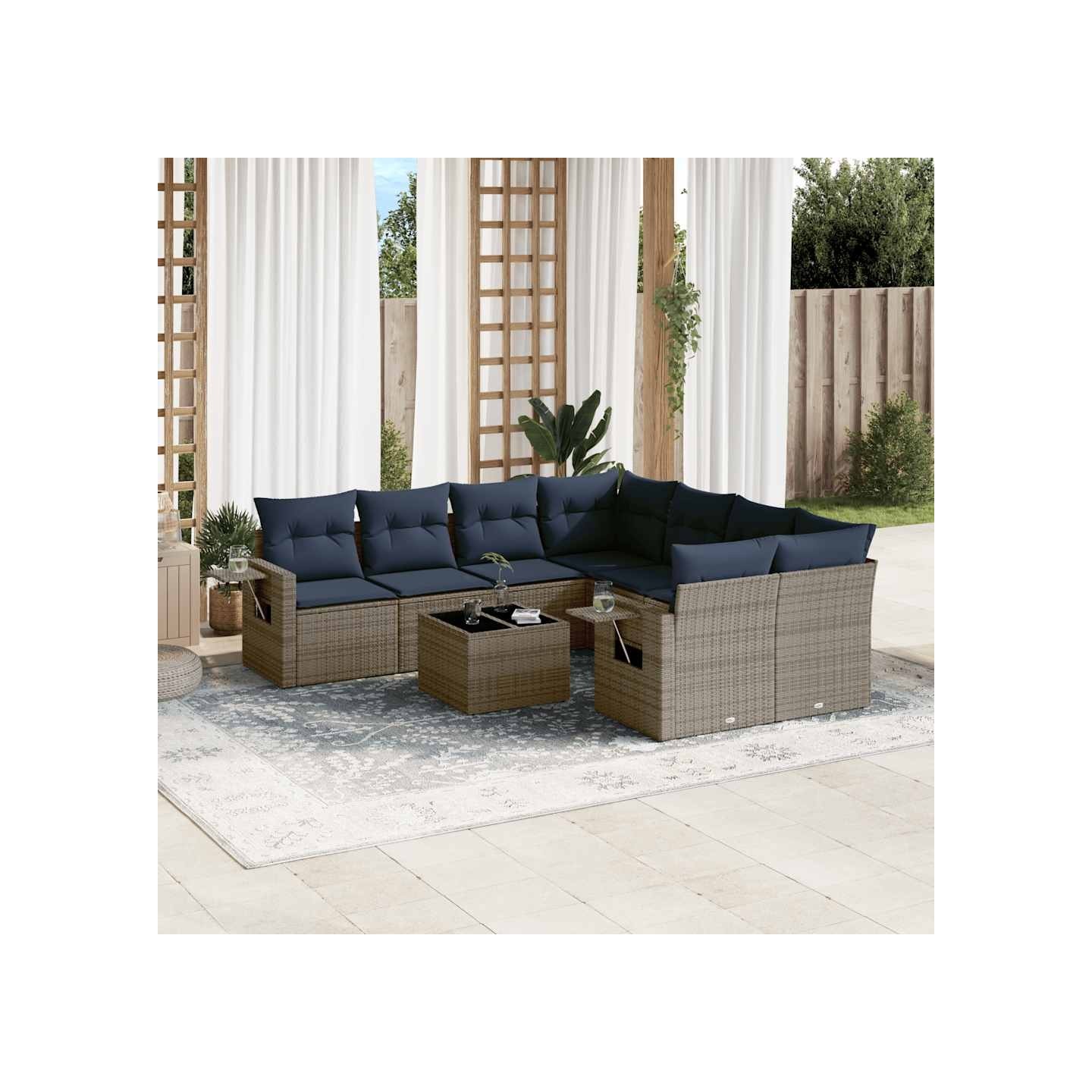 Ensemble de canapé de jardin 9 pcs avec coussins gris résine tressée