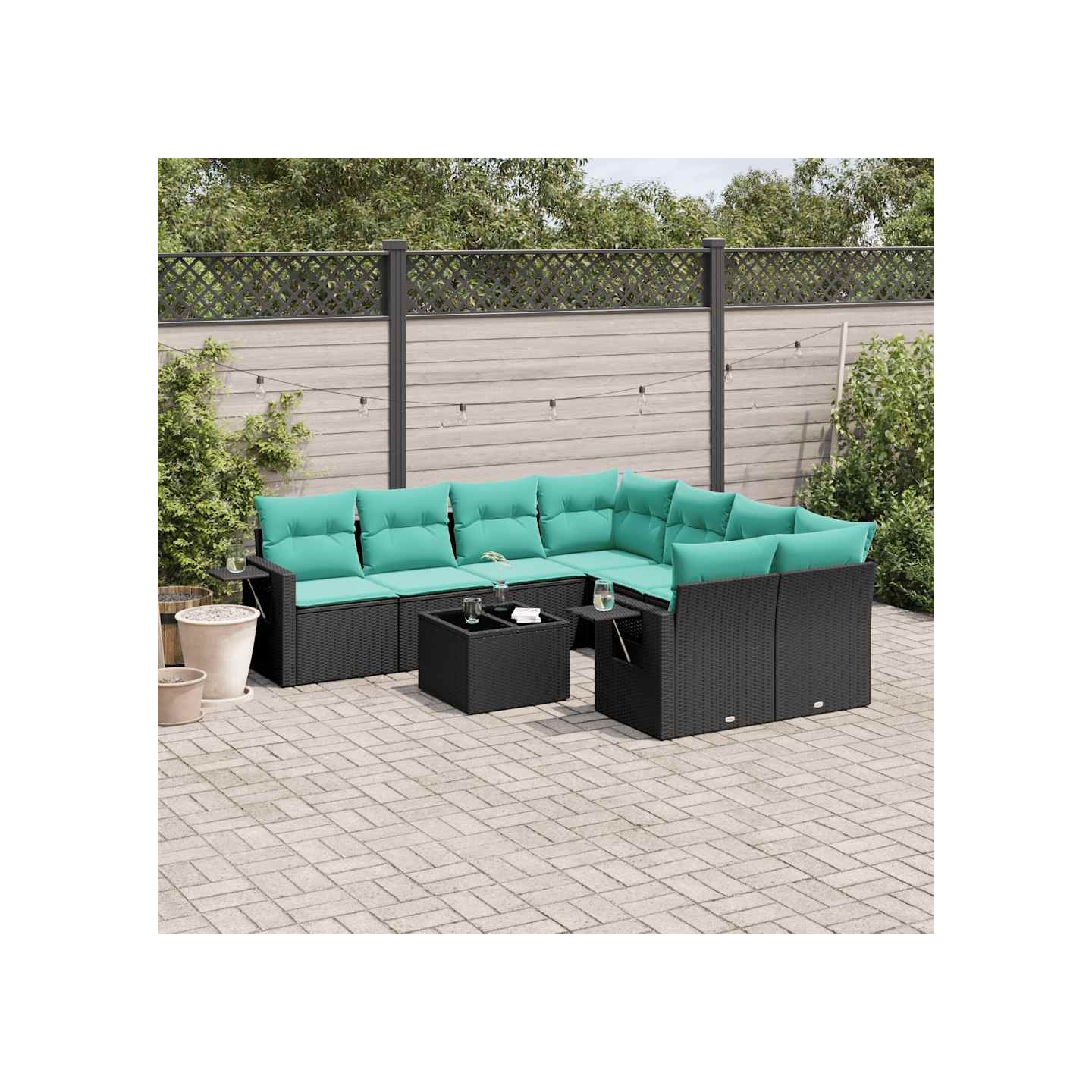 Ensemble de canapé de jardin 9 pcs avec coussins noir résine tressée