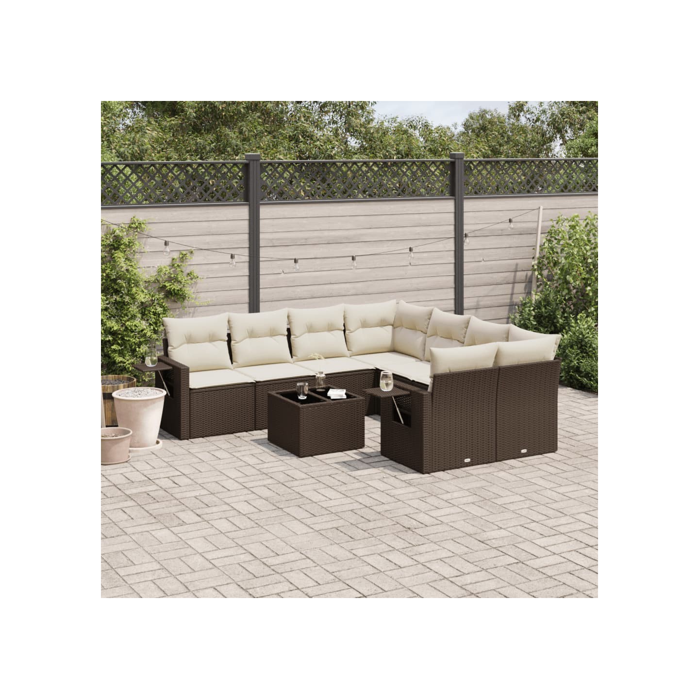 Salon de jardin avec coussins 9 pcs marron résine tressée