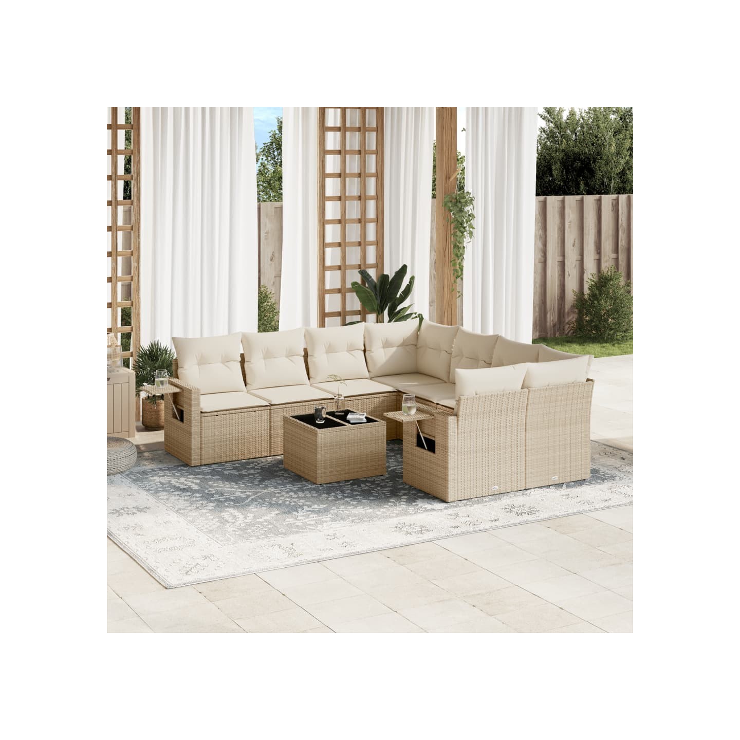 Salon de jardin avec coussins 9 pcs beige résine tressée