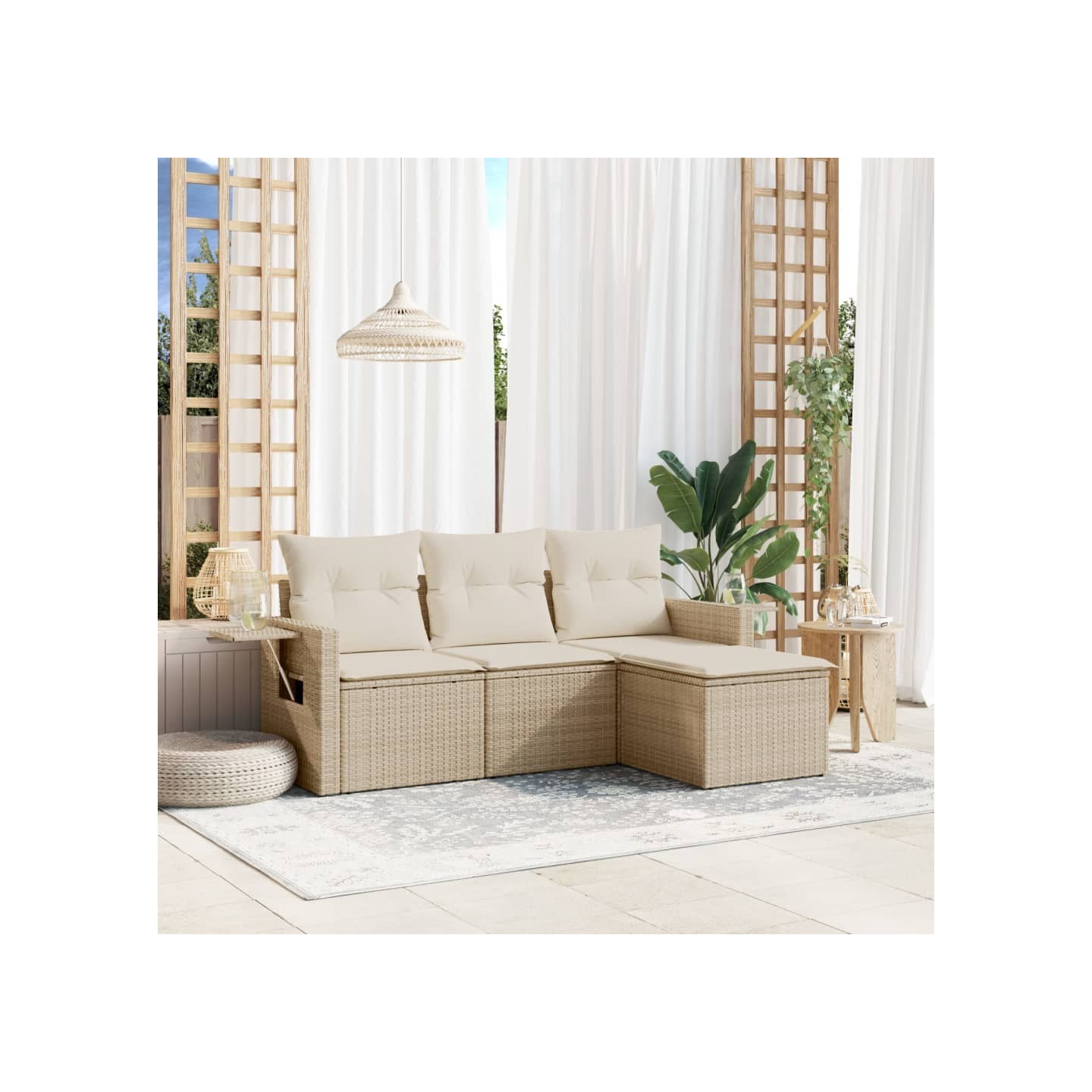 Salon de jardin avec coussins 4 pcs beige résine tressée