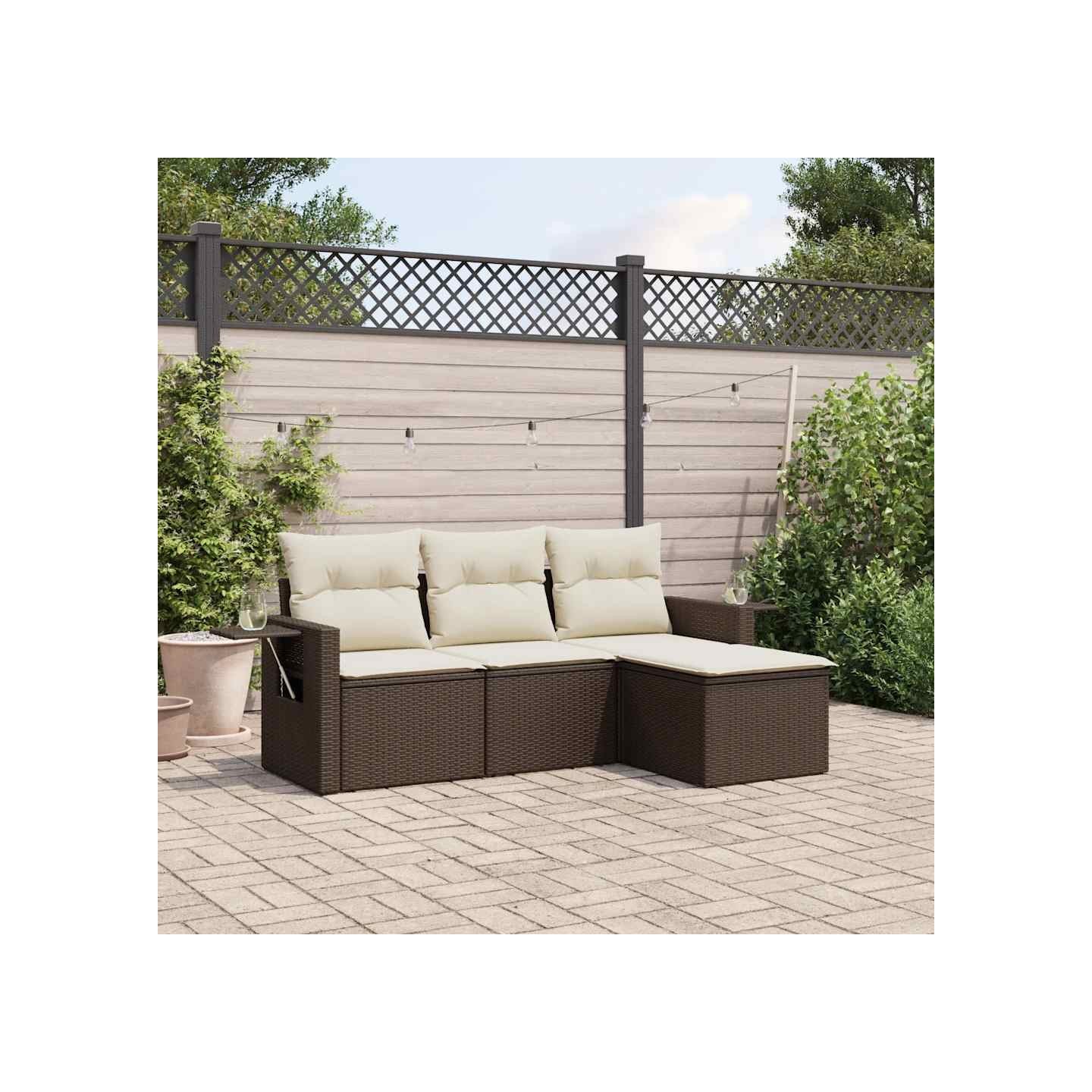 Salon de jardin 4 pcs avec coussins marron résine tressée