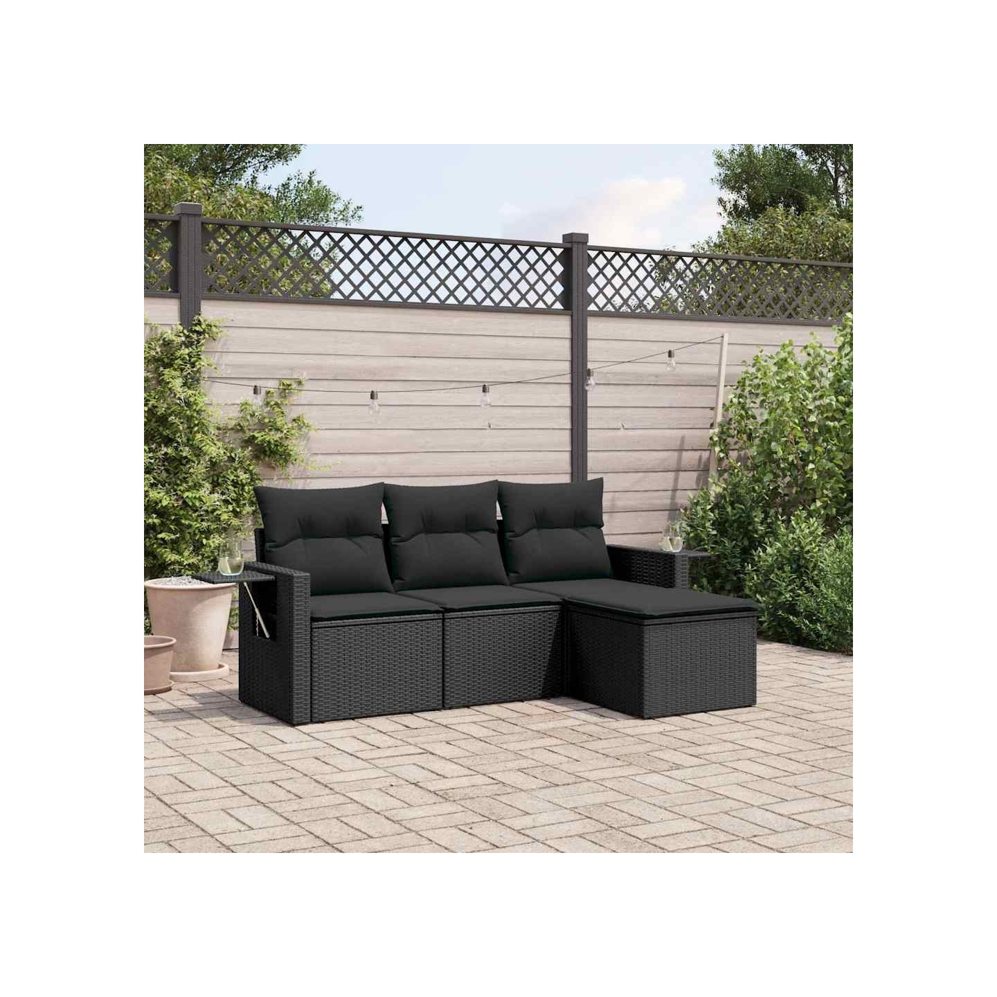 Salon de jardin 4 pcs avec coussins noir résine tressée