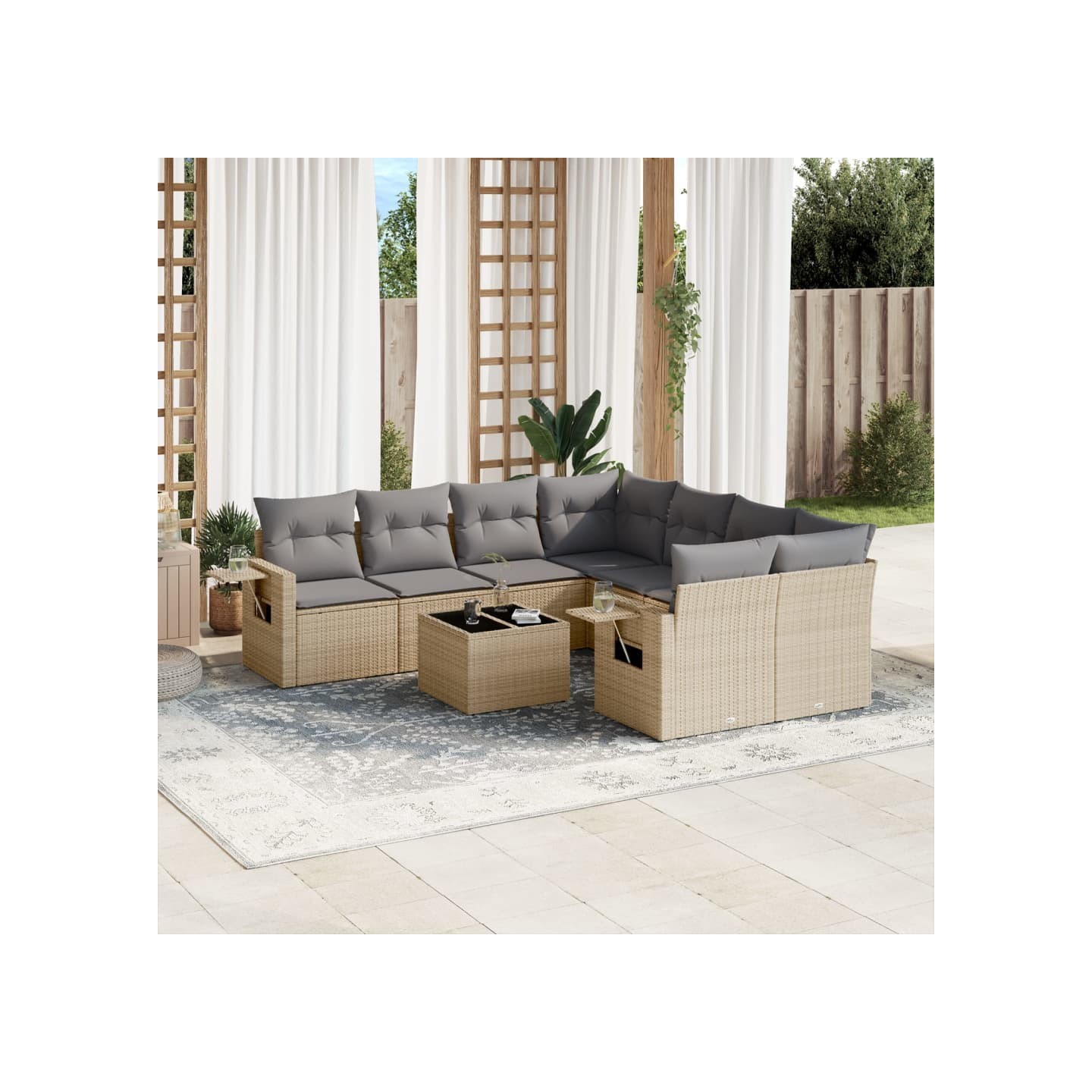 Salon de jardin avec coussins 9 pcs beige résine tressée