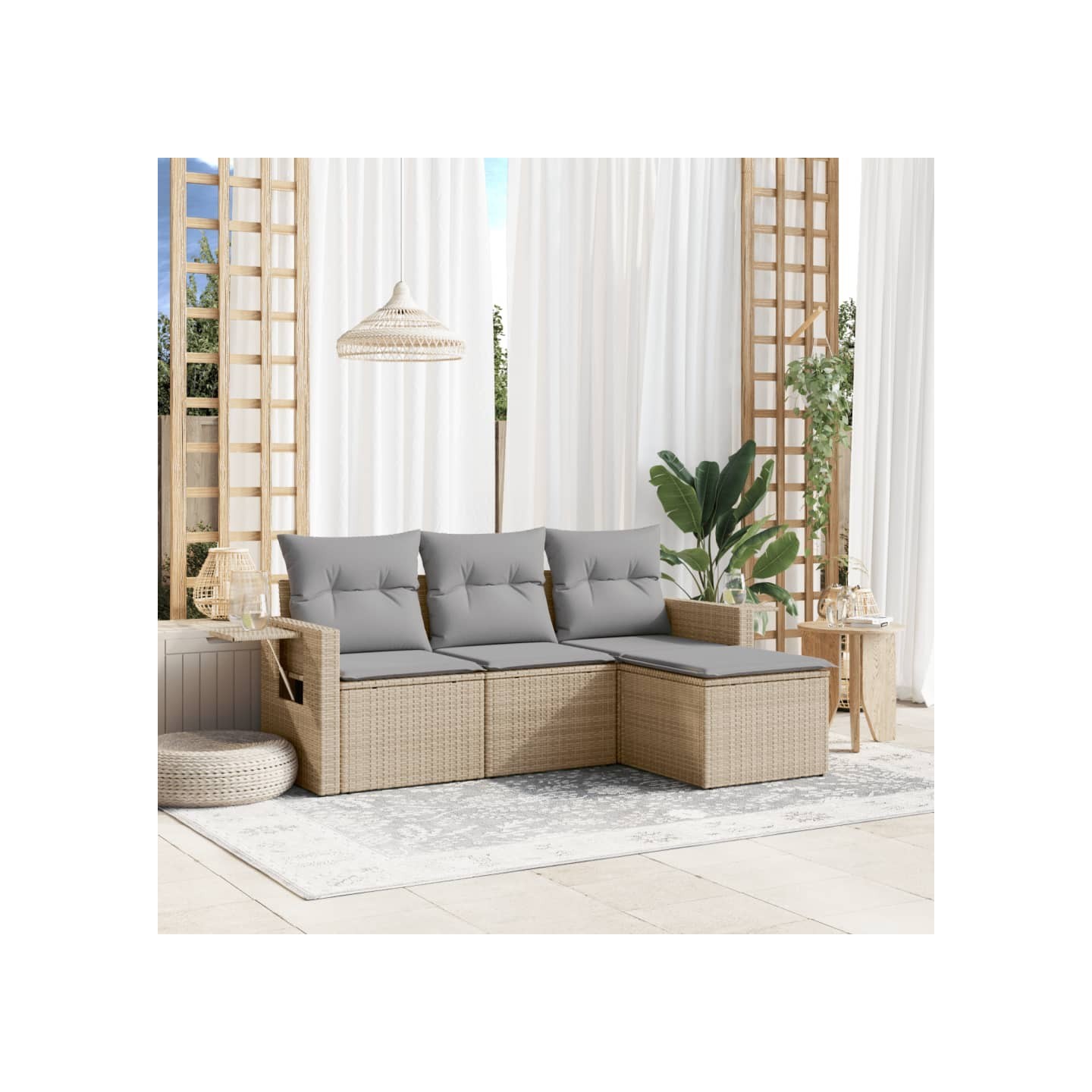 Salon de jardin avec coussins 4 pcs beige résine tressée
