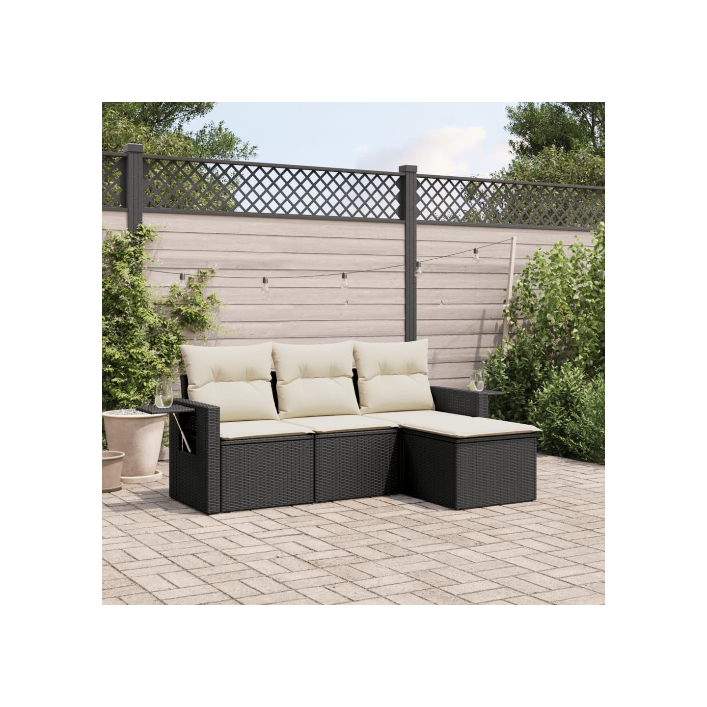 Salon de jardin 4 pcs avec coussins noir résine tressée