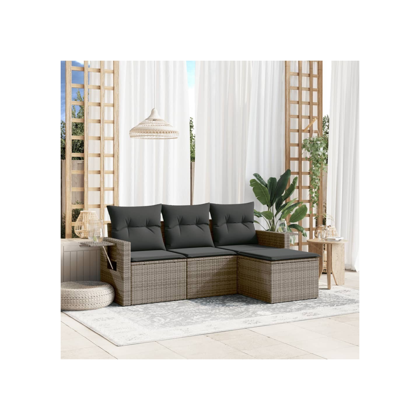 Salon de jardin 4 pcs avec coussins gris résine tressée