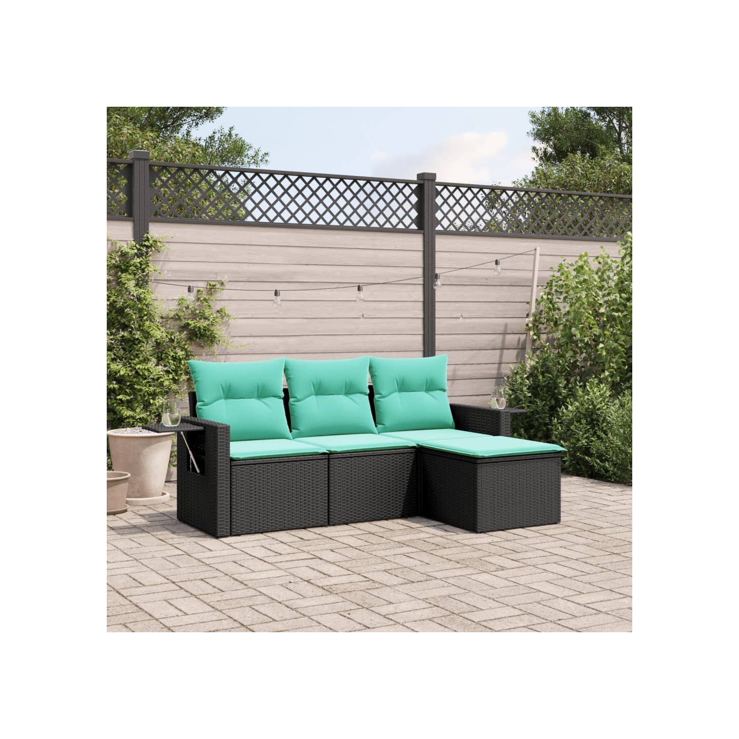 Salon de jardin 4 pcs avec coussins noir résine tressée