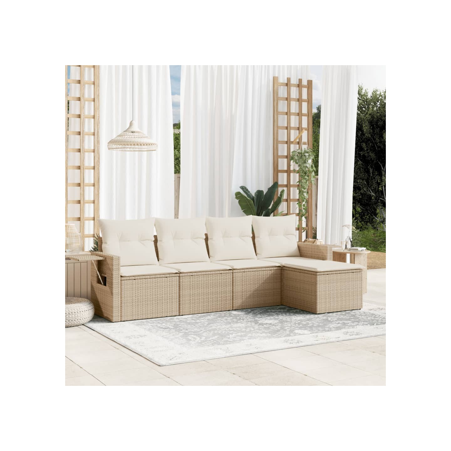 Salon de jardin avec coussins 5 pcs beige résine tressée
