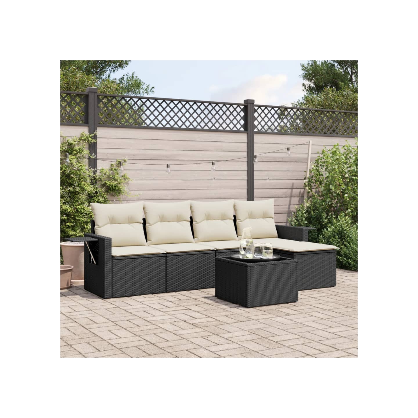Salon de jardin 6 pcs avec coussins noir résine tressée
