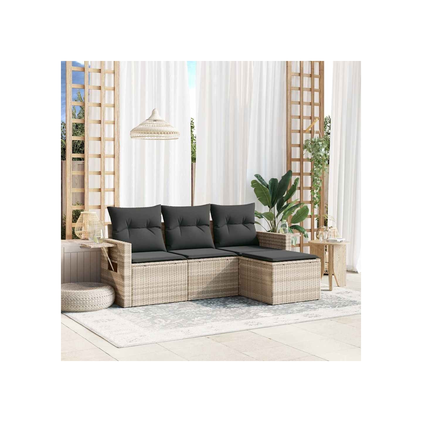 Salon de jardin 4 pcs avec coussins gris clair résine tressée