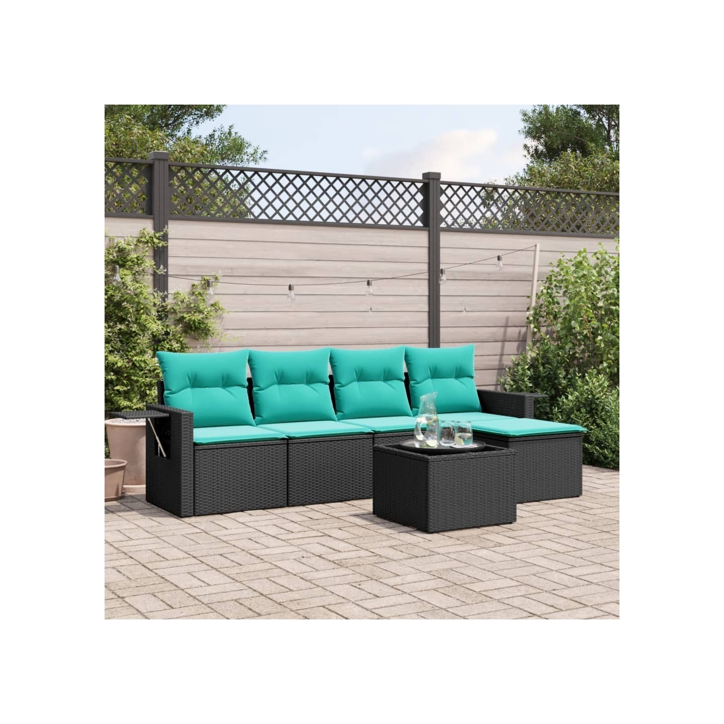 Ensemble de canapé de jardin 6 pcs avec coussins noir résine tressée