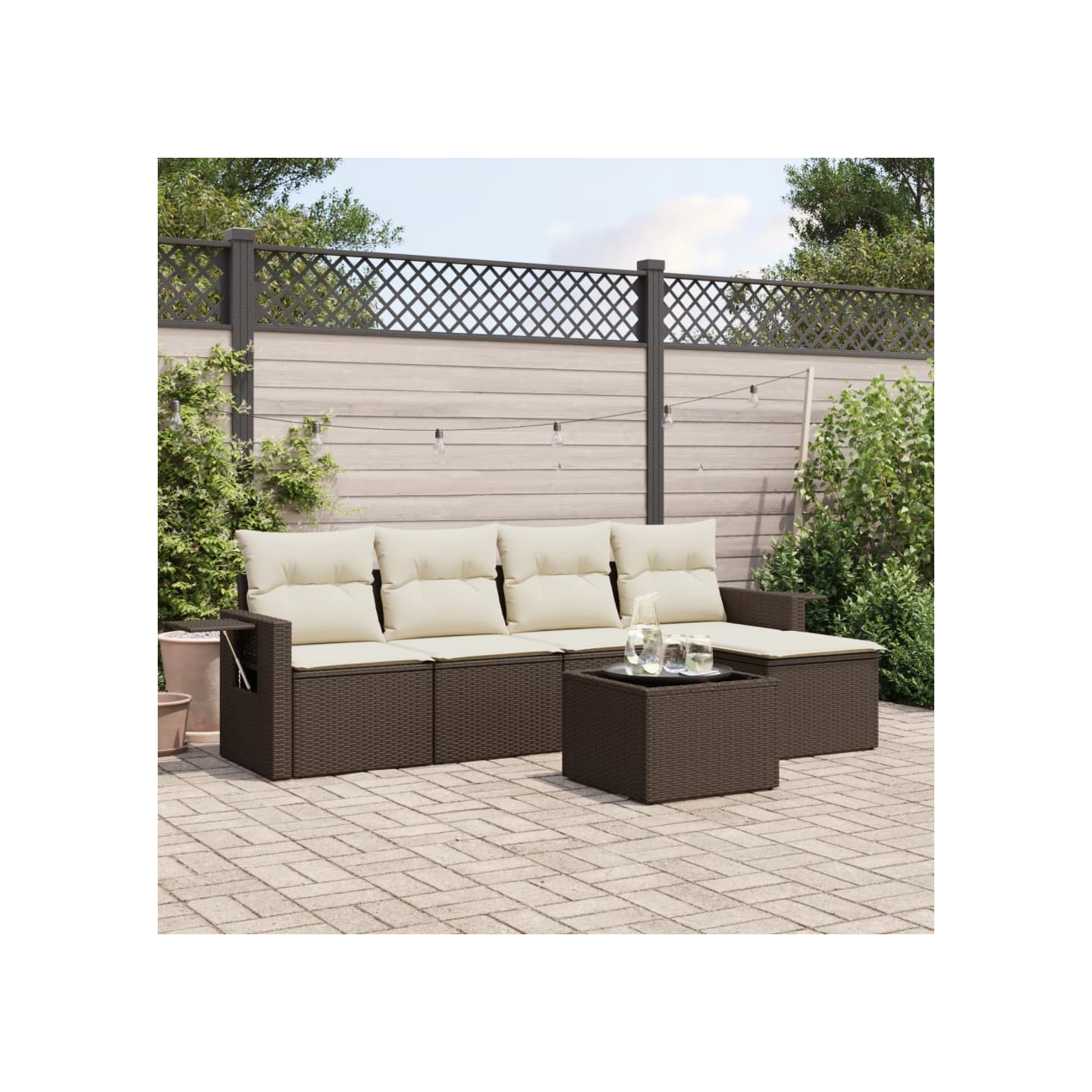 Salon de jardin avec coussins 6 pcs marron résine tressée