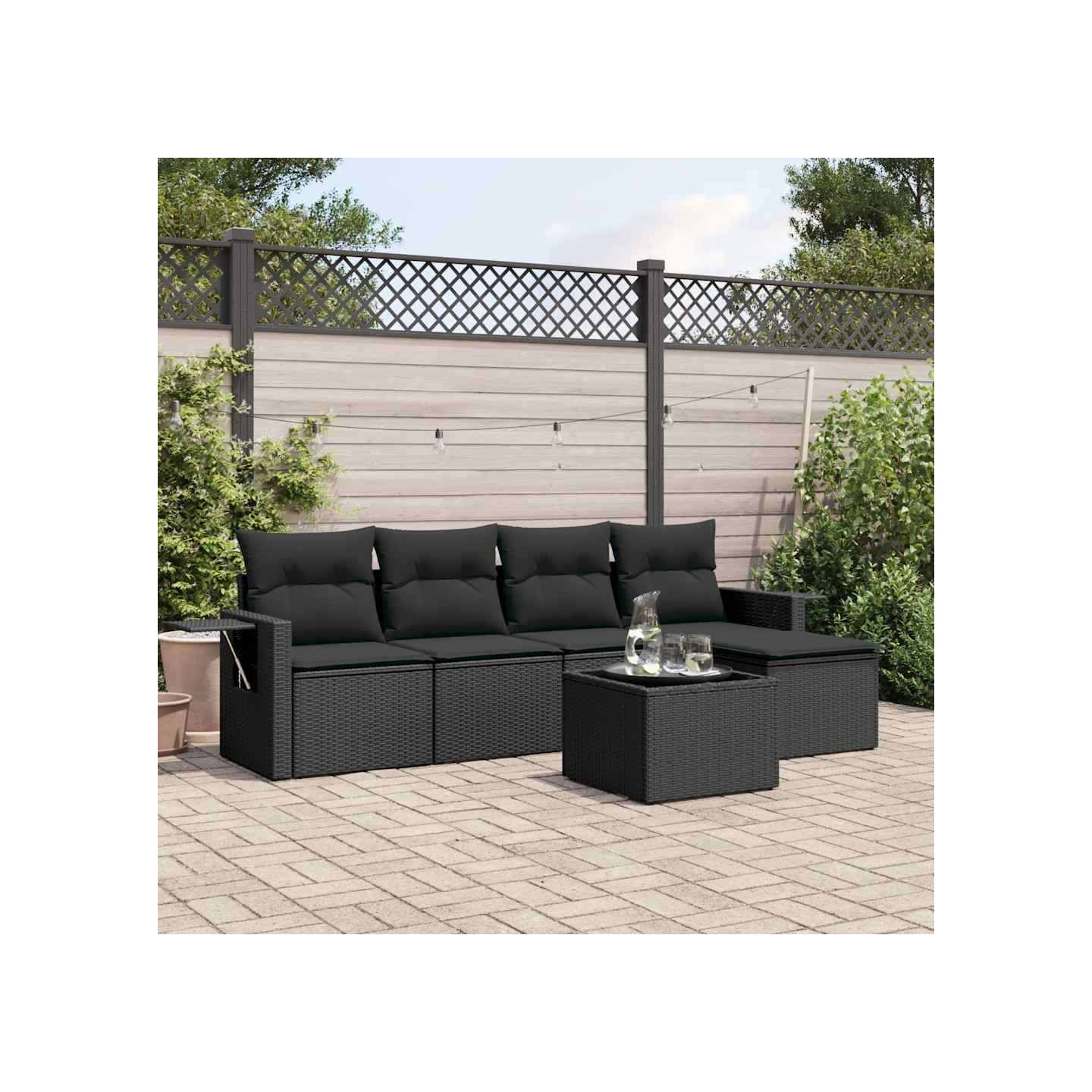 Salon de jardin 6 pcs avec coussins noir résine tressée