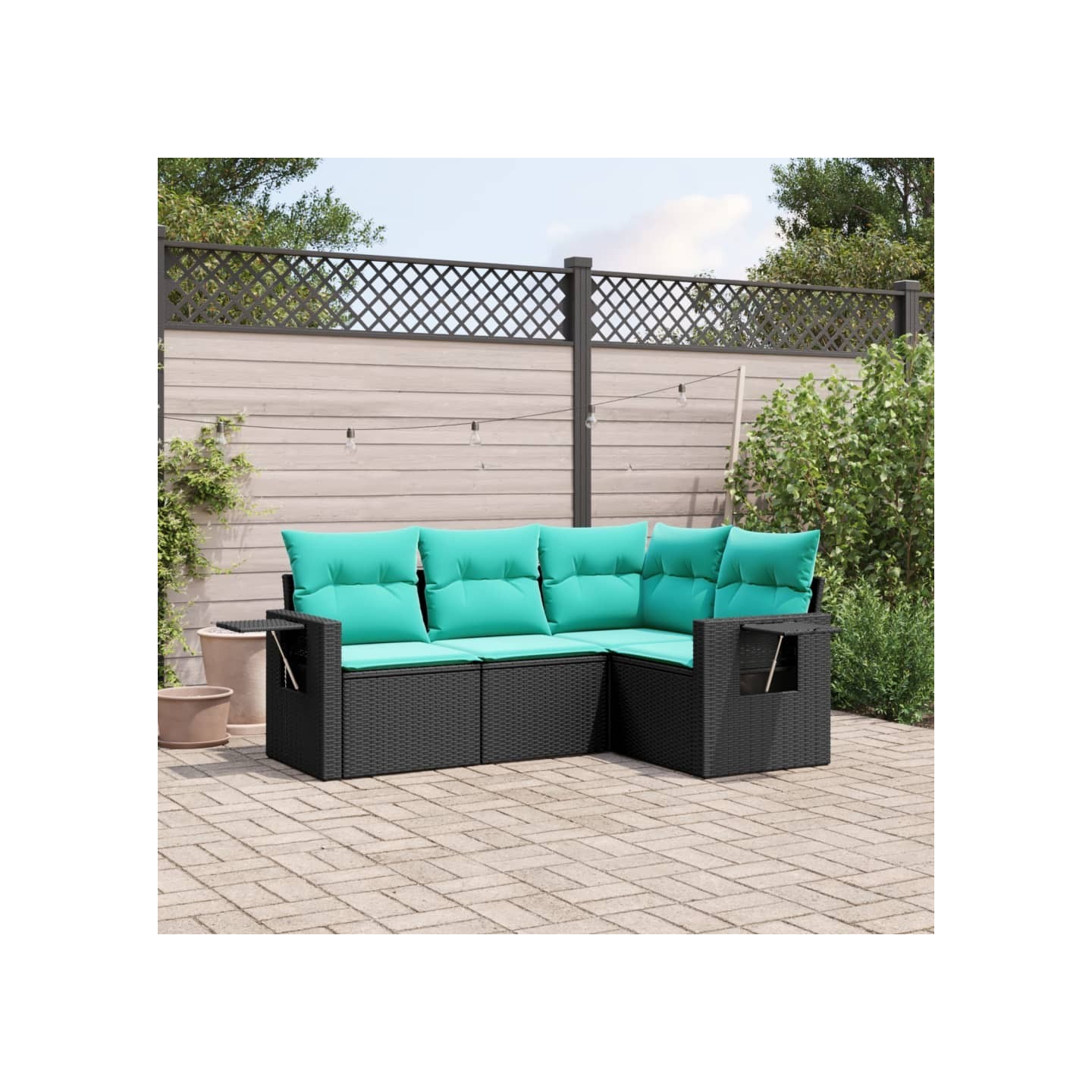 Salon de jardin 4 pcs avec coussins noir résine tressée