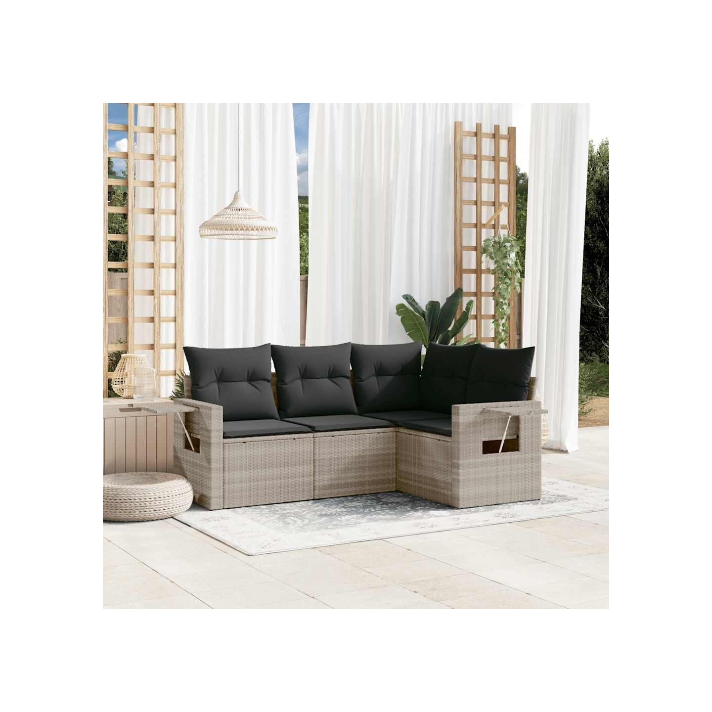 Salon de jardin 4 pcs avec coussins gris clair résine tressée