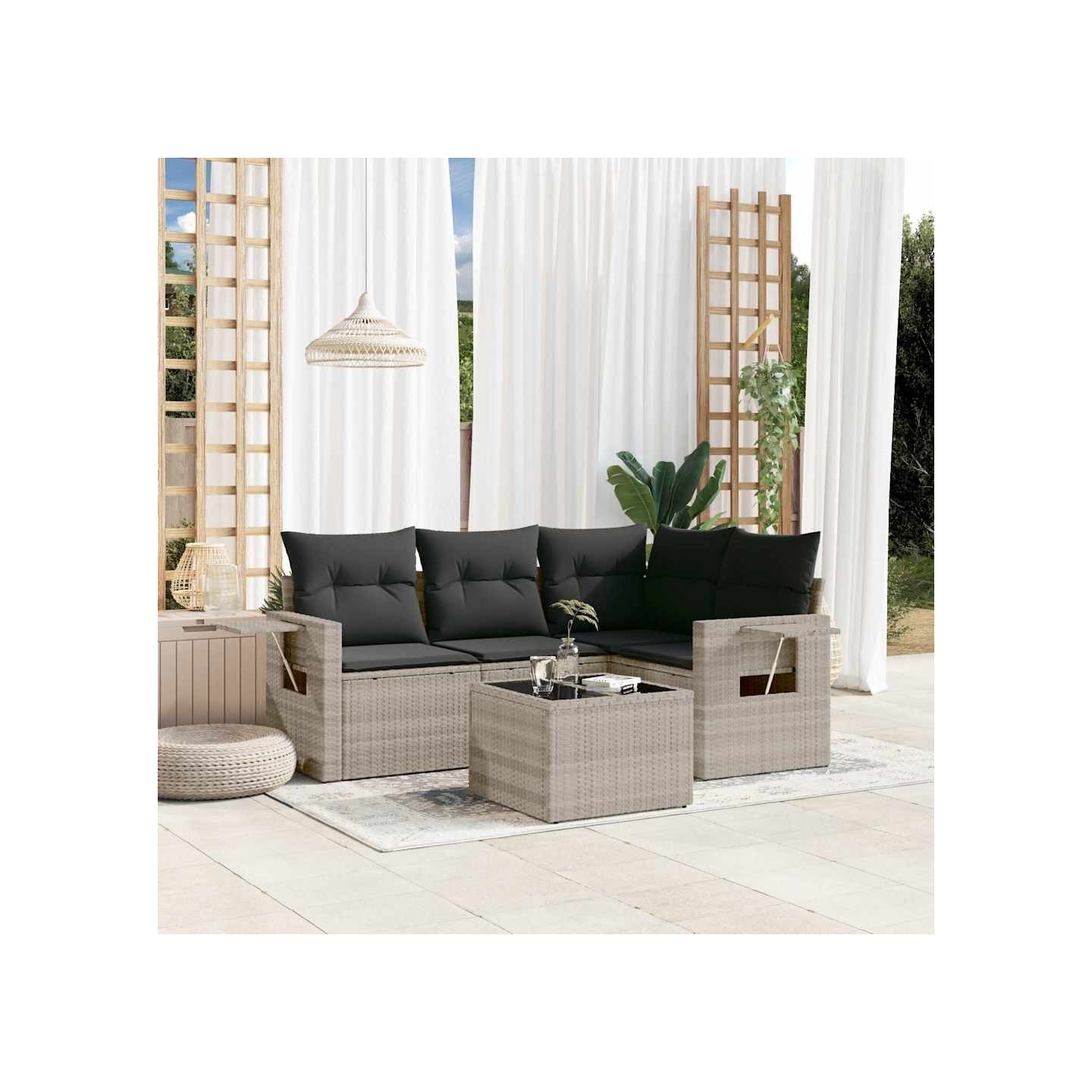 Salon de jardin 5 pcs avec coussins gris clair résine tressée