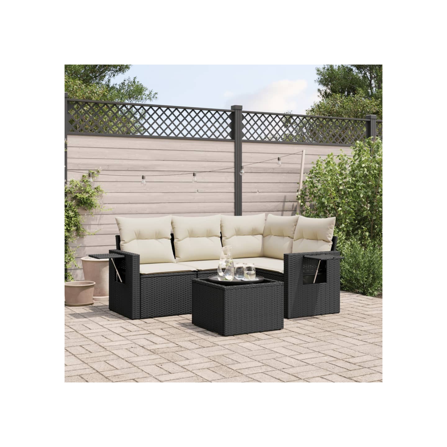 Salon de jardin 5 pcs avec coussins noir résine tressée