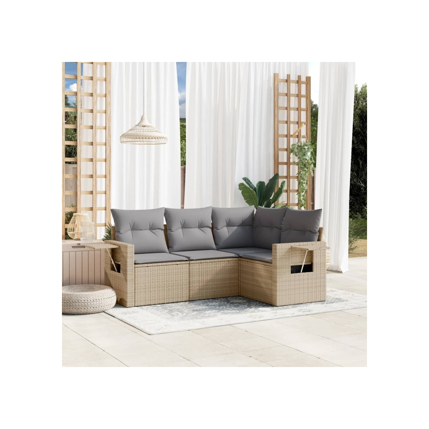 Salon de jardin avec coussins 4 pcs beige résine tressée